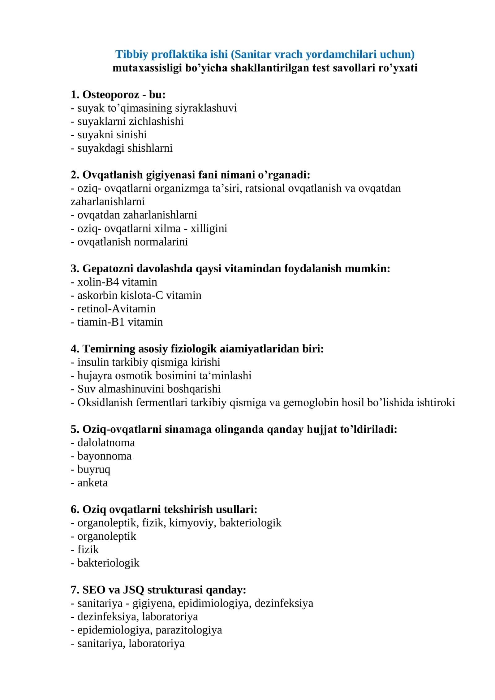 Tibbiy proflaktika ishi (Sanitar vrach yordamchilari uchun) test 1