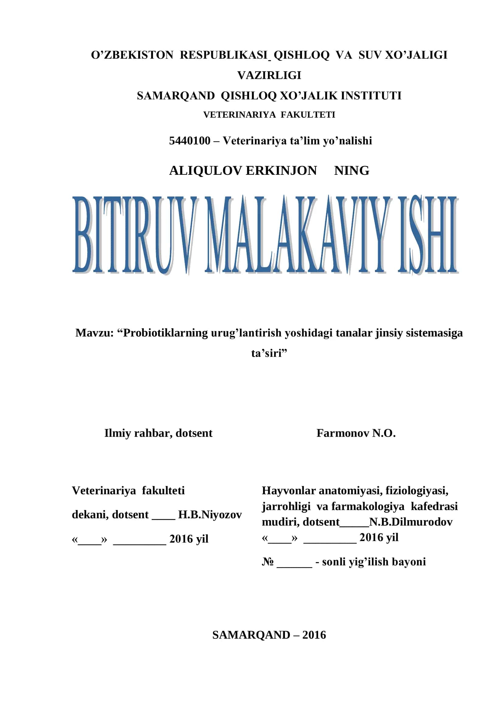 "Probiotiklarning urug’lantirish yoshidagi tanalar jinsiy sistemasiga ta’siri" 1