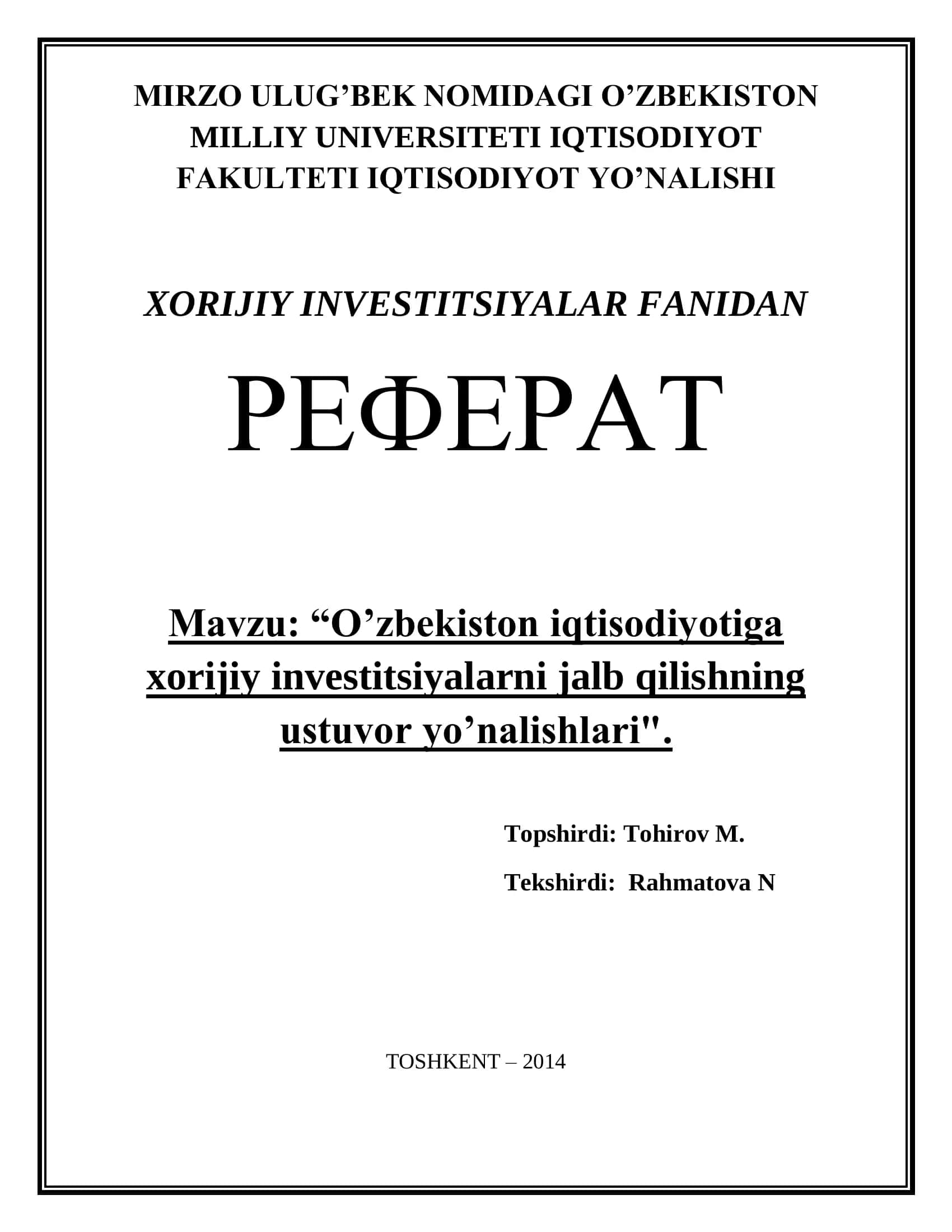 XORIJIY INVESTITSIYALAR FANIDAN РЕФЕРАТ 1