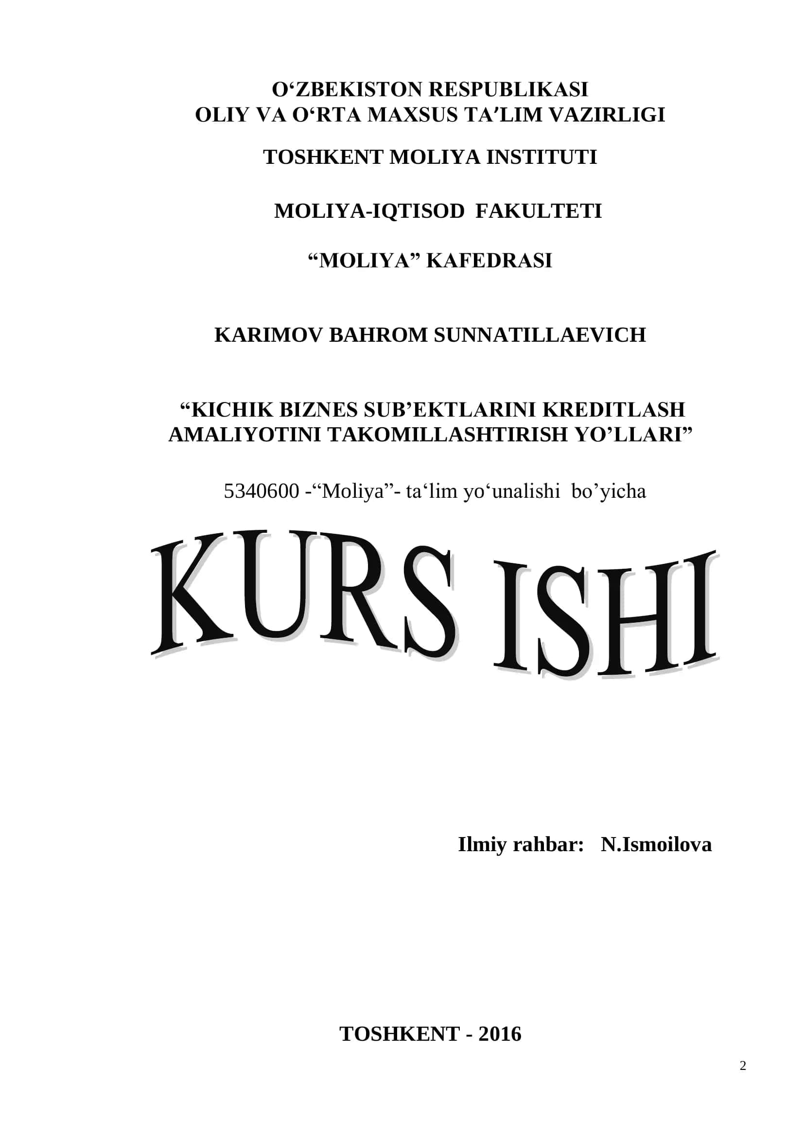 Kichik biznes sub’ektlarini kreditlash amaliyotini takomillashtirish yo’llari 1
