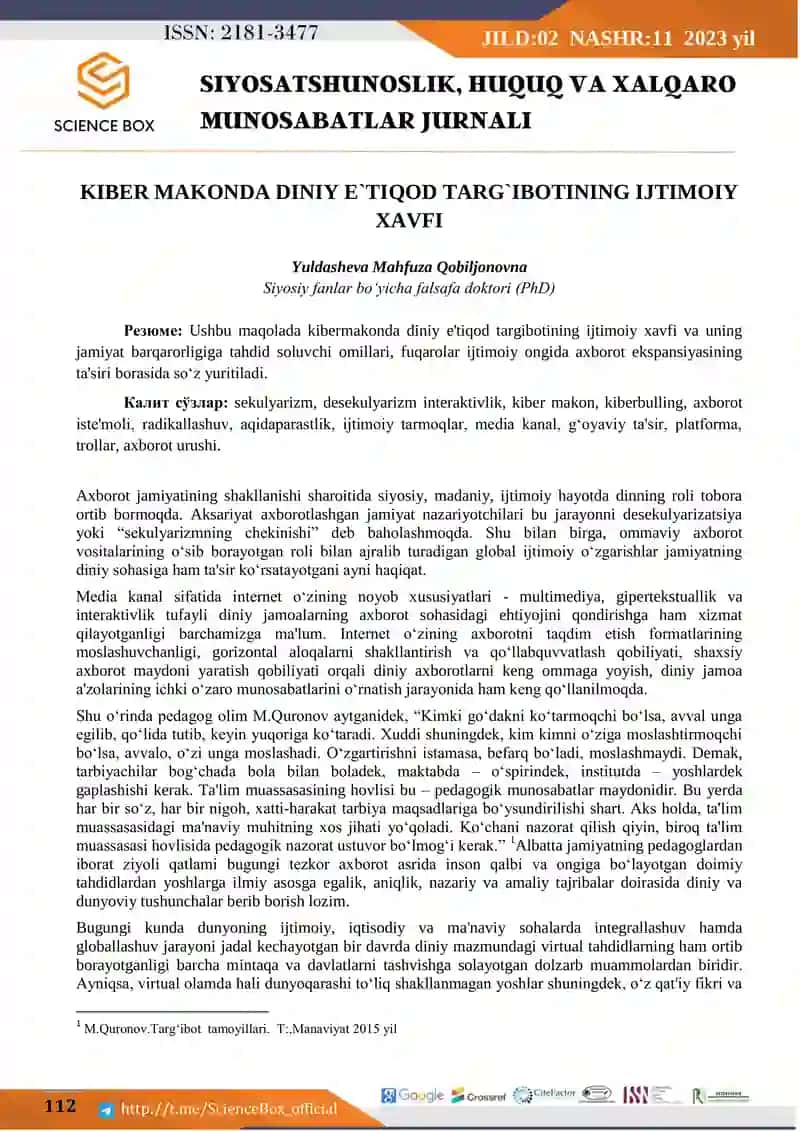 SIYOSATSHUNOSLIK, HUQUQ VA XALQARO MUNOSABATLAR JURNALI