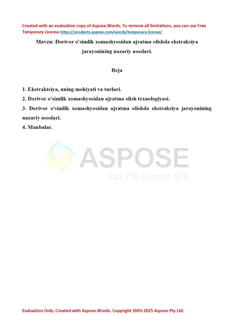 Dorivor o'simlik xomashyosidan ajratma olishda ekstraksiya jarayonining nazariy asoslari. Referat, 9 sahifa. 1