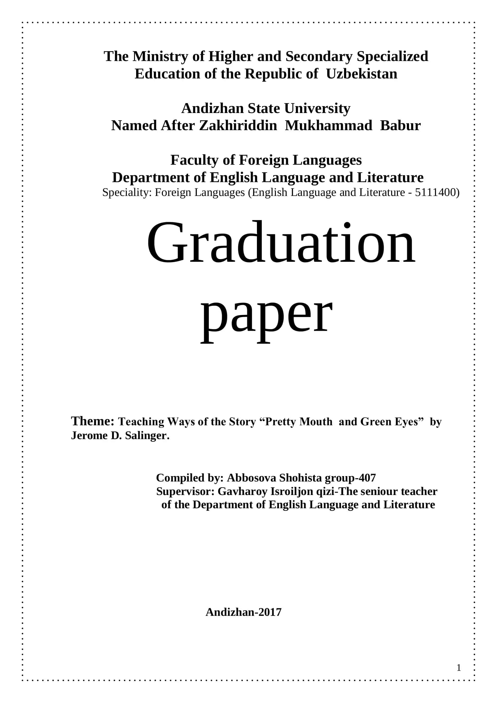 Graduation paper: Teaching Ways of the Story "Pretty Mouth and Green Eyes" 1