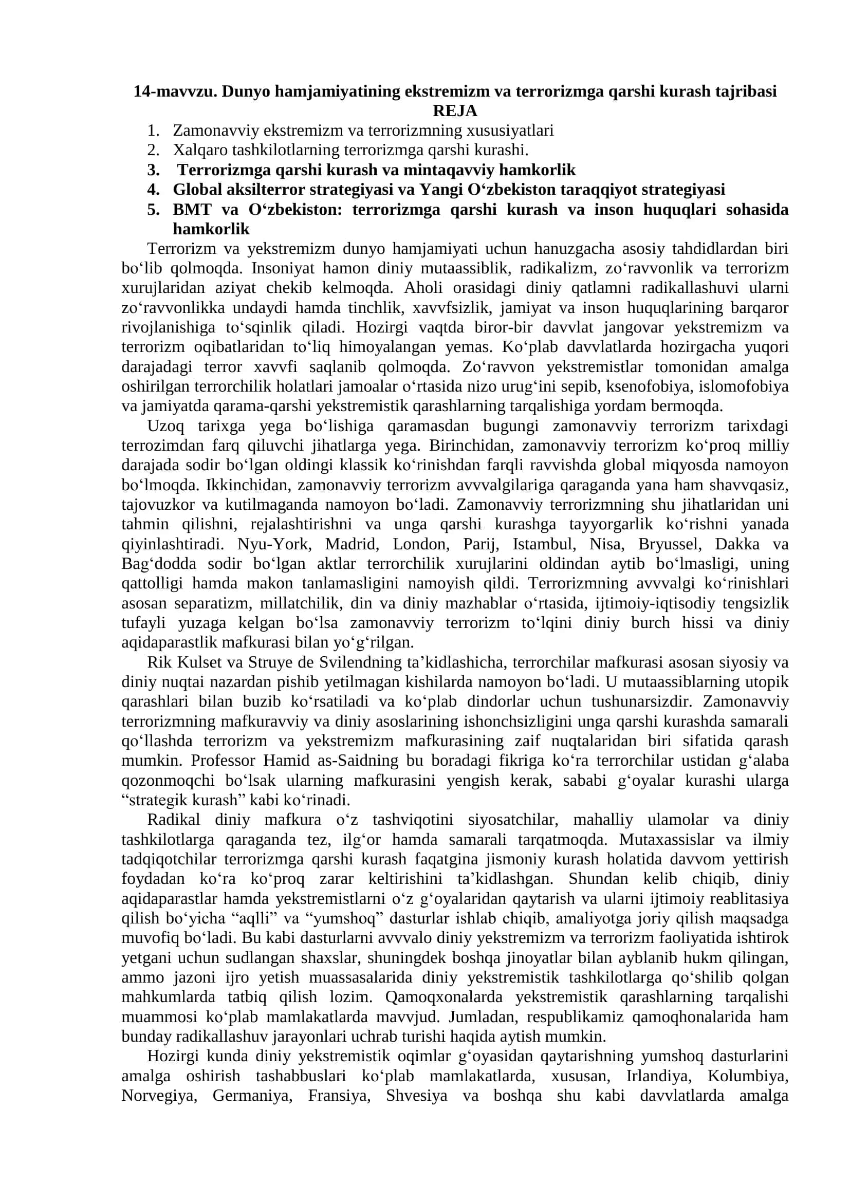 Dunyo hamjamiyatining ekstremizm va terrorizmga qarshi kurash tajribasi 1
