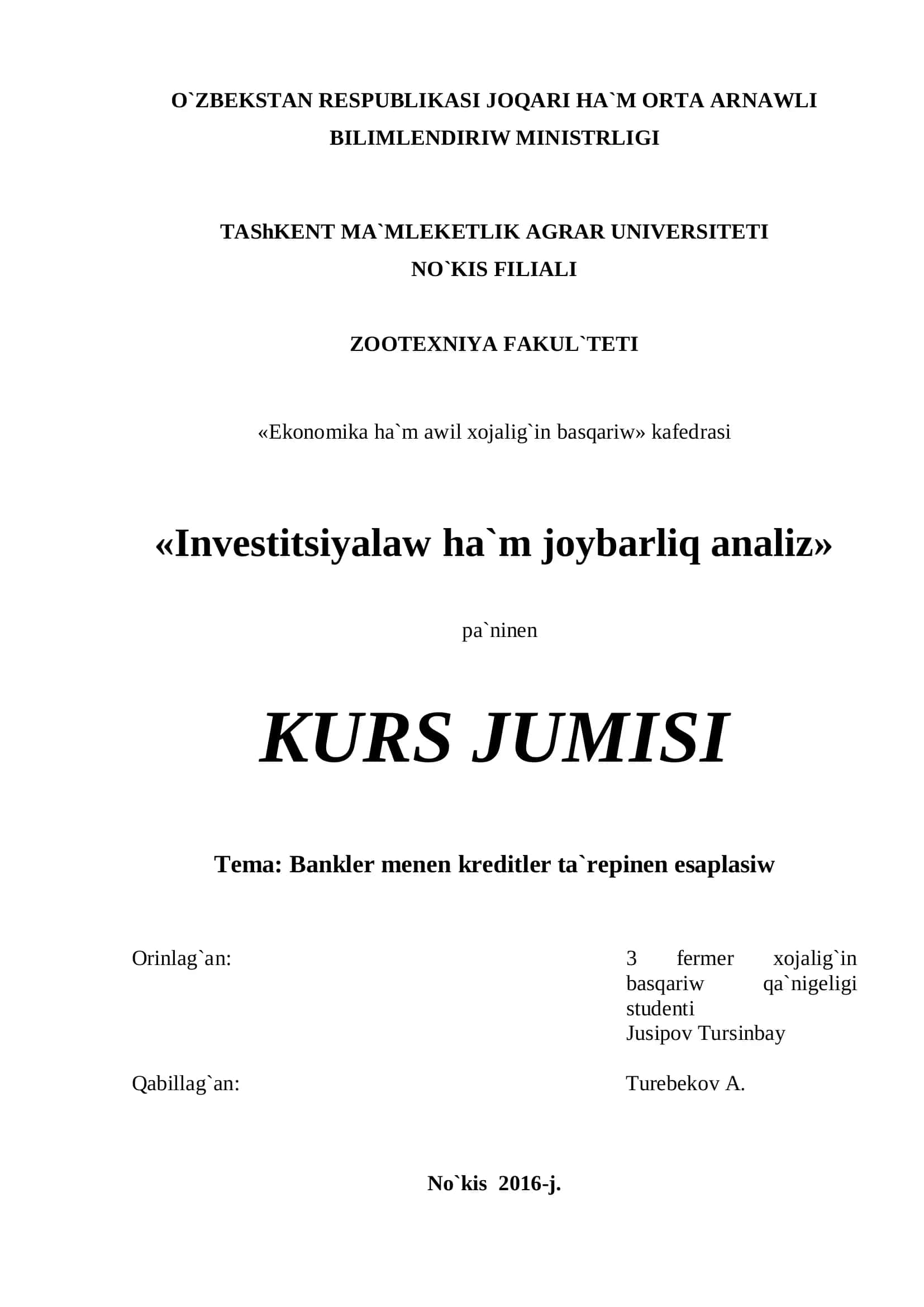 Bankler menen kreditler ta`repinen esaplasiw 1