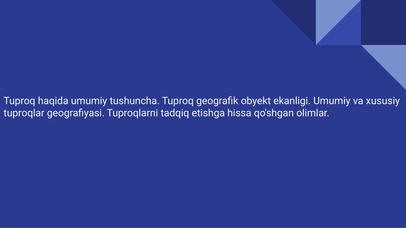 Tuproq haqida umumiy tushuncha. Tuproq geograﬁk obyekt ekanligi. Umumiy va xususiy tuproqlar geograﬁyasi. Tuproqlarni tadqiq etishga hissa qo'shgan olimlar. 1
