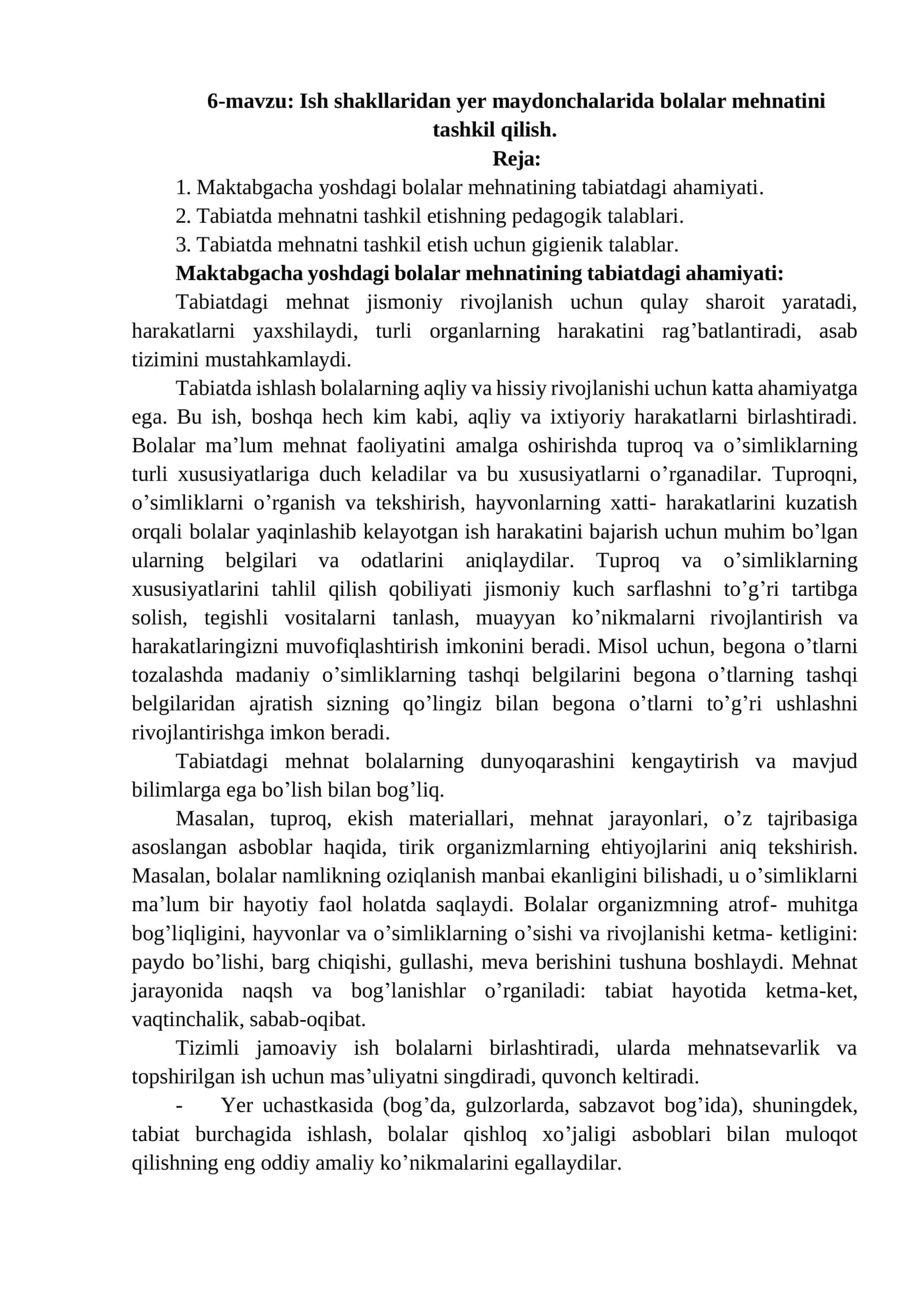 Ish shakllaridan yer maydonchalarida bolalar mehnatini tashkil qilish 1