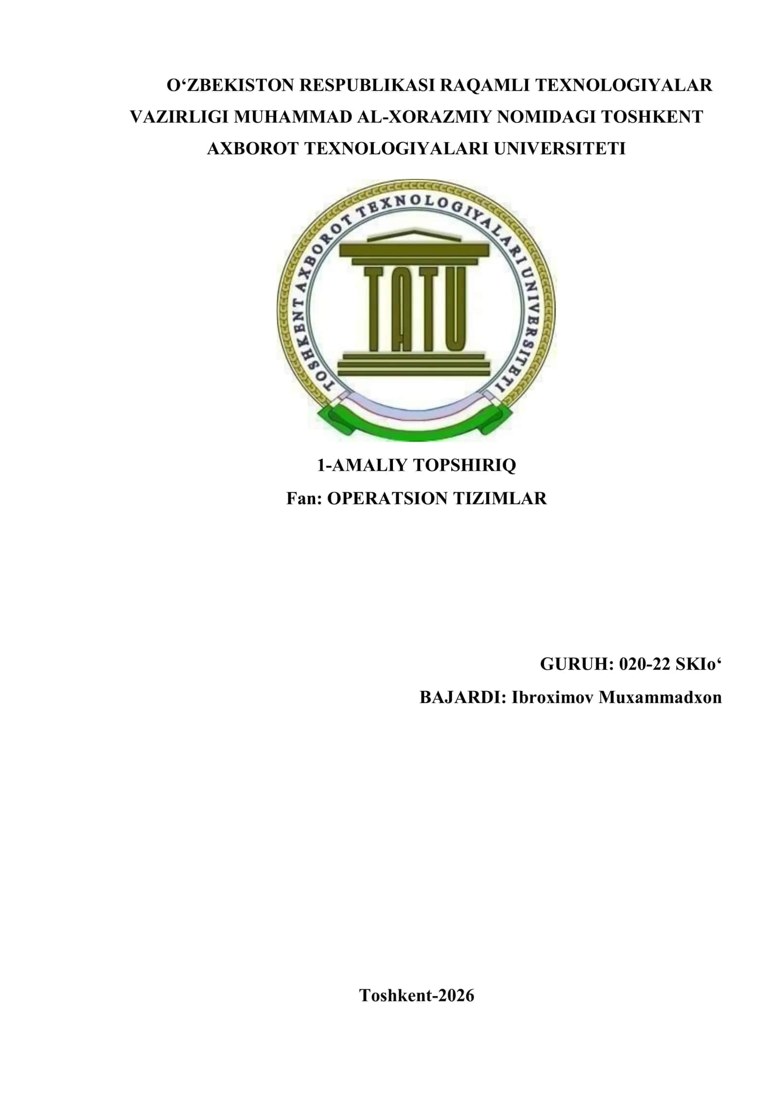 OPERATSION TIZIMLAR 1-AMALIY TOPSHIRIQ 1