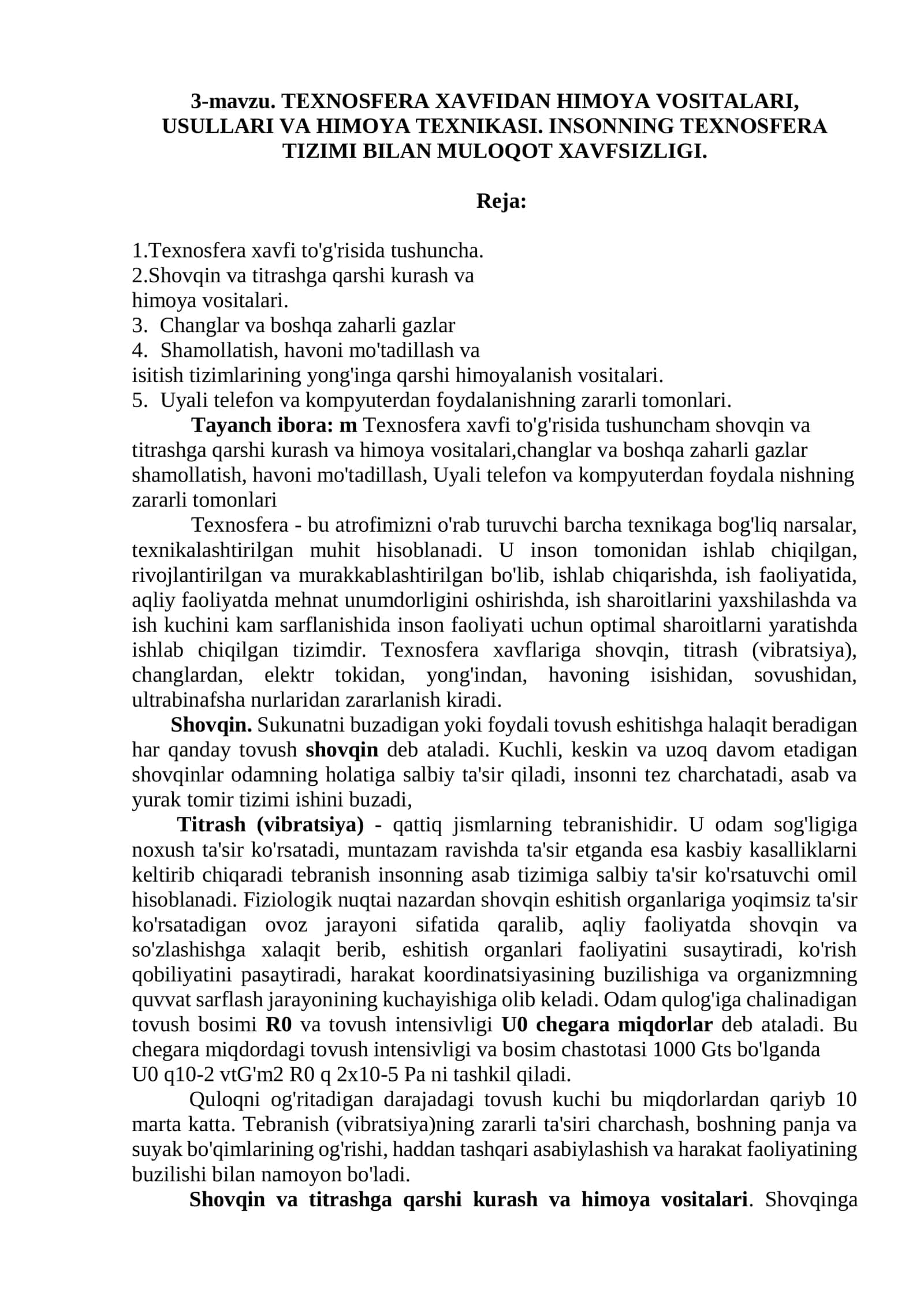 3-mavzu. TЕXNOSFЕRA XAVFIDAN HIMOYA VOSITALARI, USULLARI VA HIMOYA TЕXNIKASI. INSONNING TЕXNOSFЕRA TIZIMI BILAN MULOQOT XAVFSIZLIGI 1