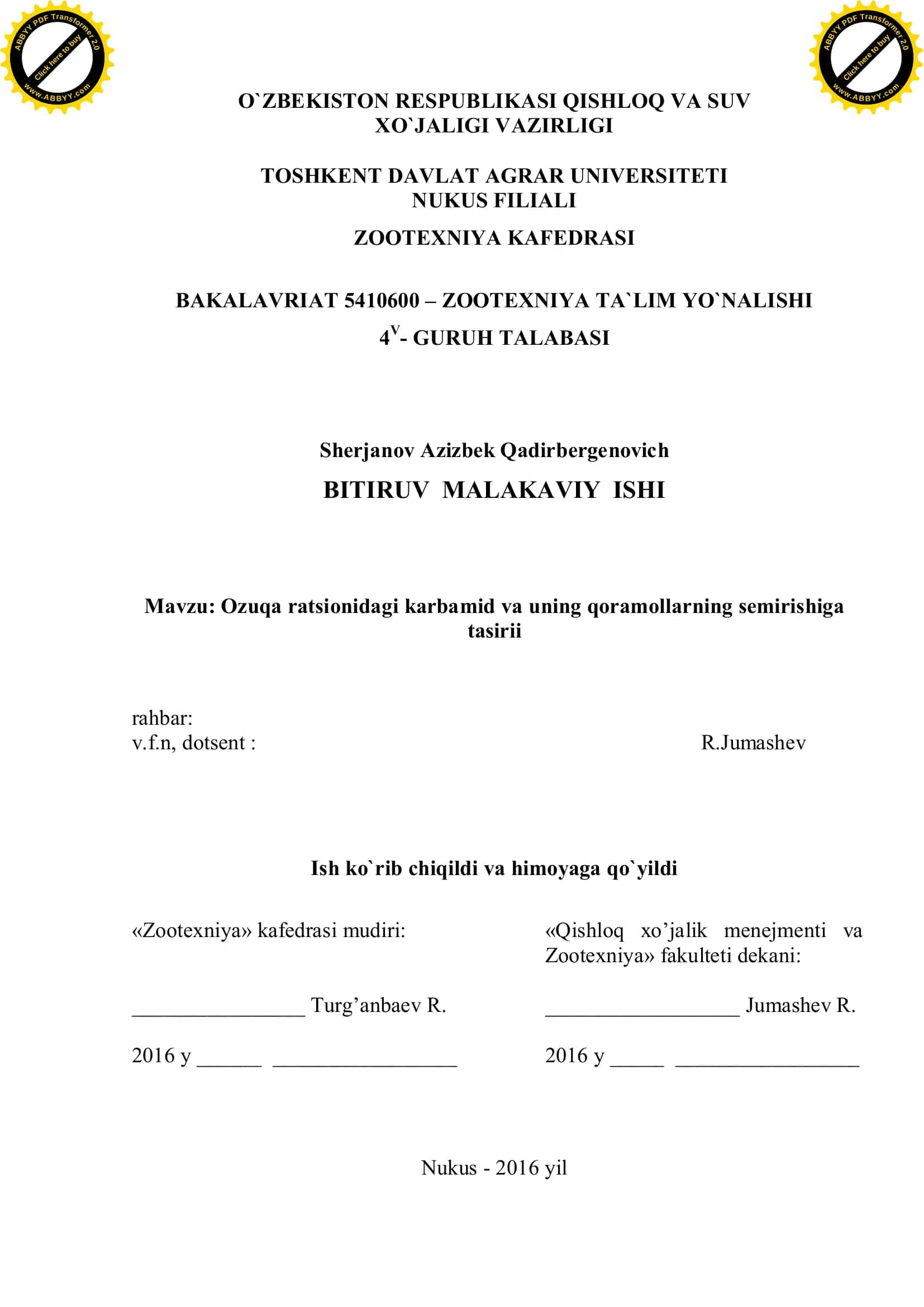 Oziqa ratsionidagi karbamid va uning qoramollarning semirishiga tasirii 1