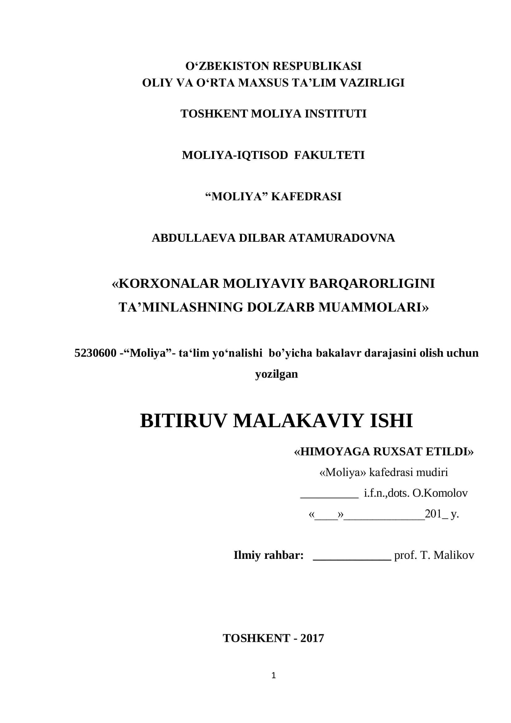 KORXONALAR MOLIYAVIY BARQARORLIGINI TA’MINLASHNING DOLZARB MUAMMOLARI 1