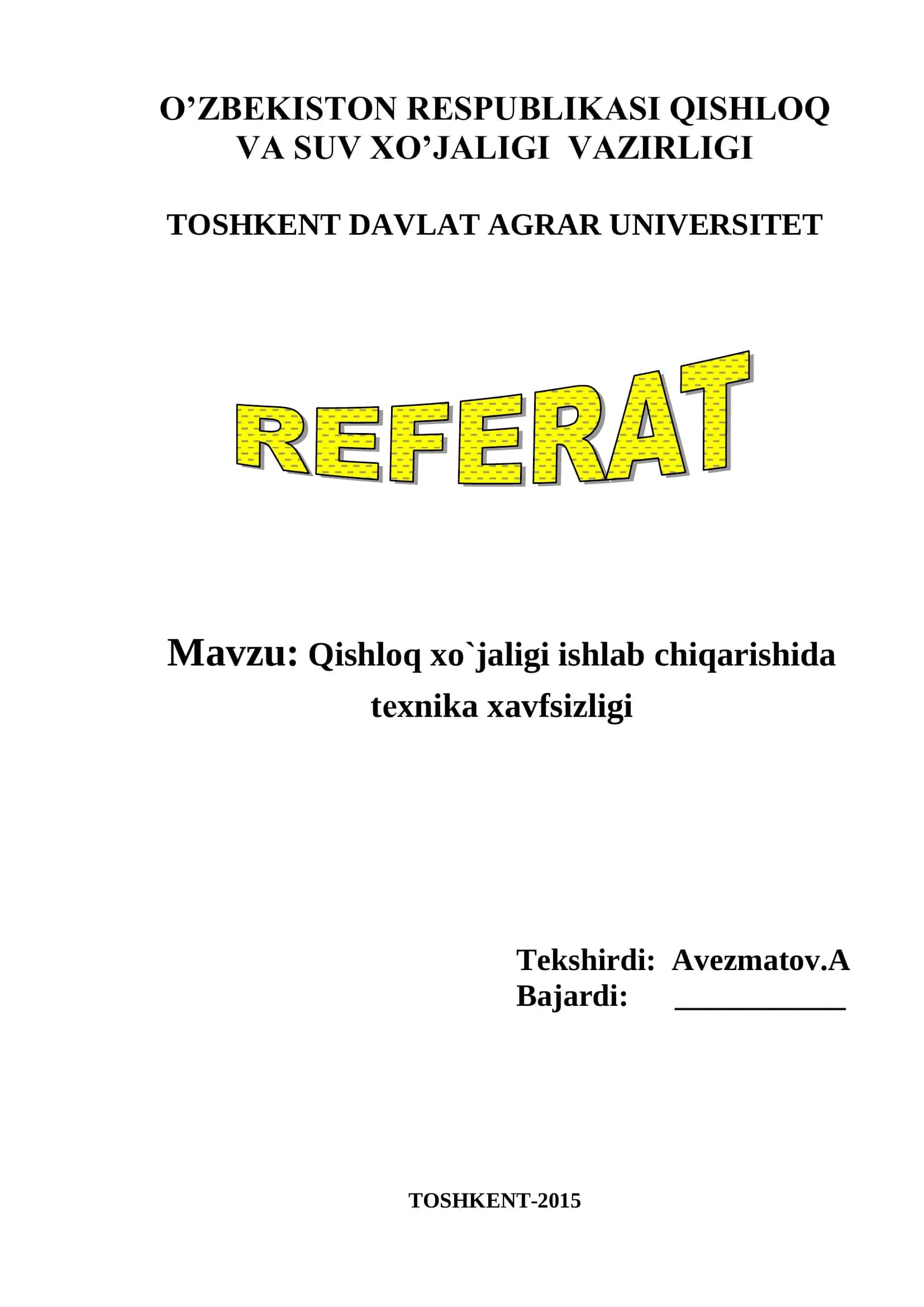 Qishloq xo`jaligi ishlab chiqarishida texnika xavfsizligi 1