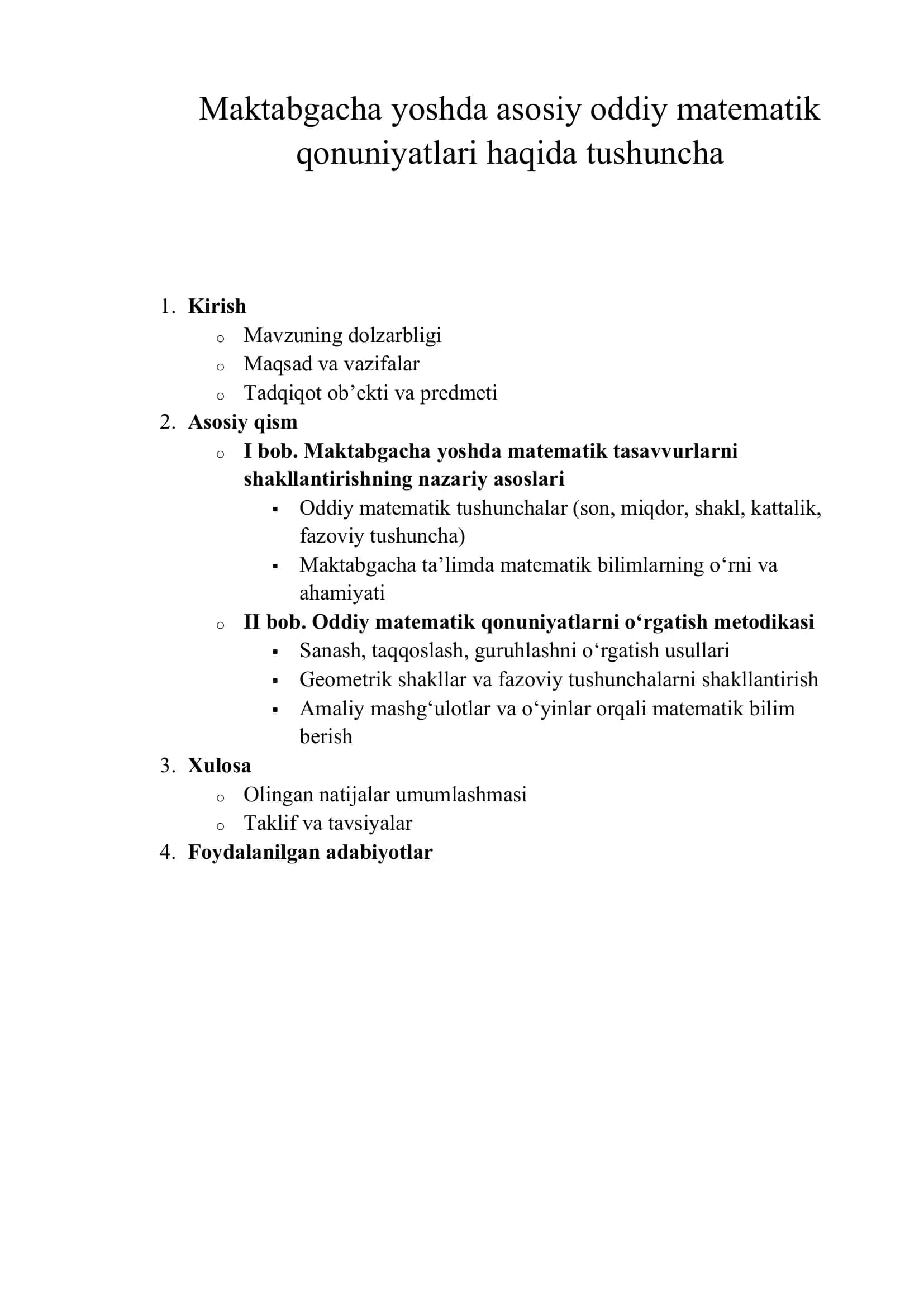 Maktabgacha yoshda asosiy oddiy matematik qonuniyatlari haqida tushuncha 1