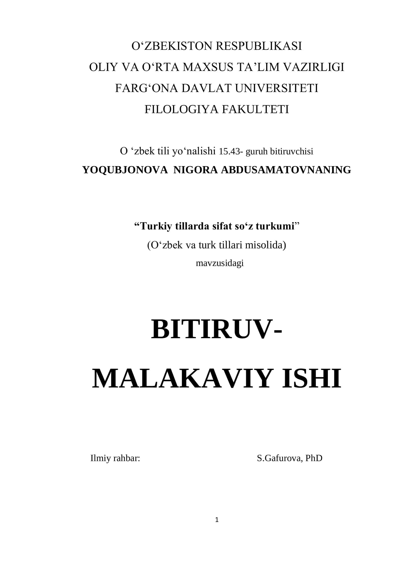 O „zbek tili yo „nalishi 15.43- guruh bitiruvchisi 1