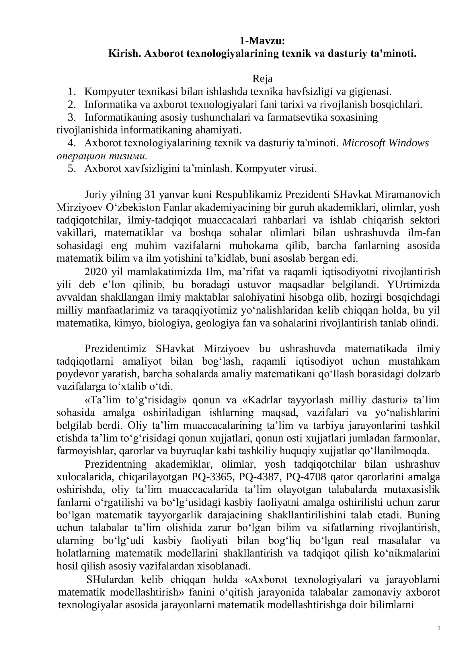 Axborot tеxnologiyalarining texnik va dasturiy ta'minoti 1