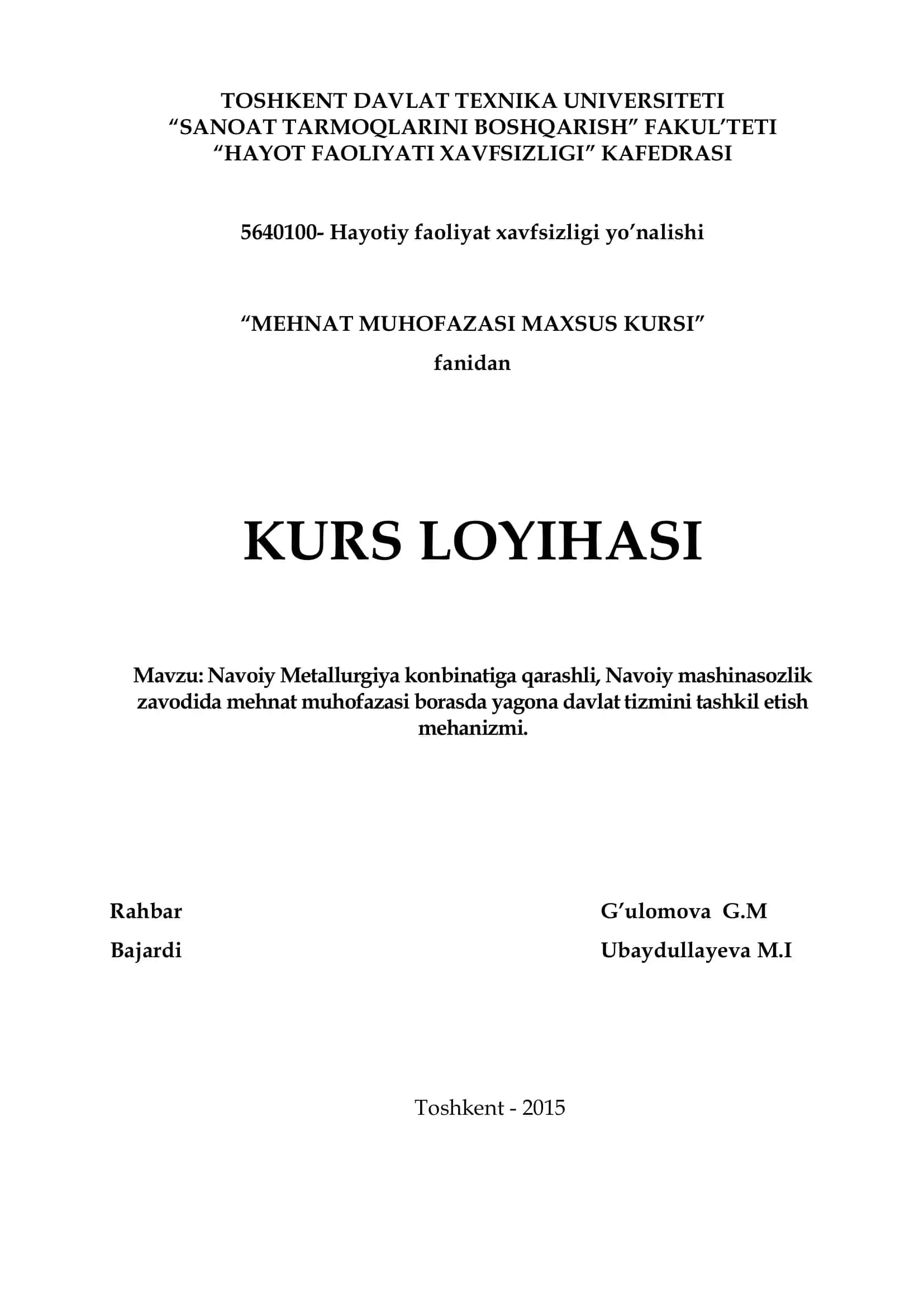MEHNAT MUHOFAZASI MAXSUS KURSI 1