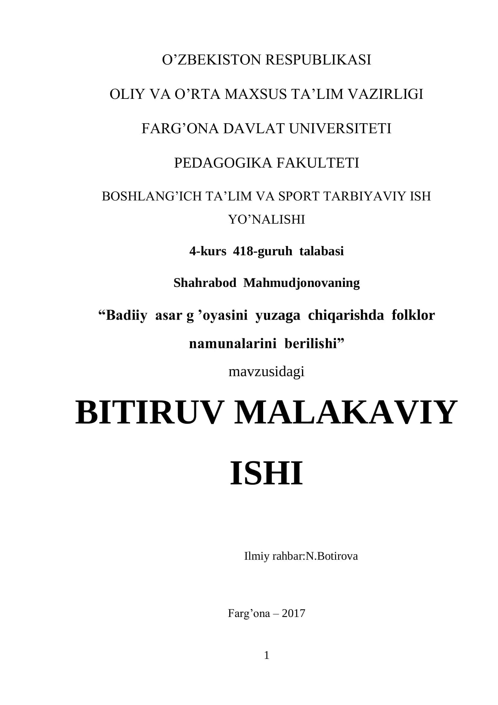 Badiiy asar g ’oyasini yuzaga chiqarishda folklor namunalarini berilishi 1