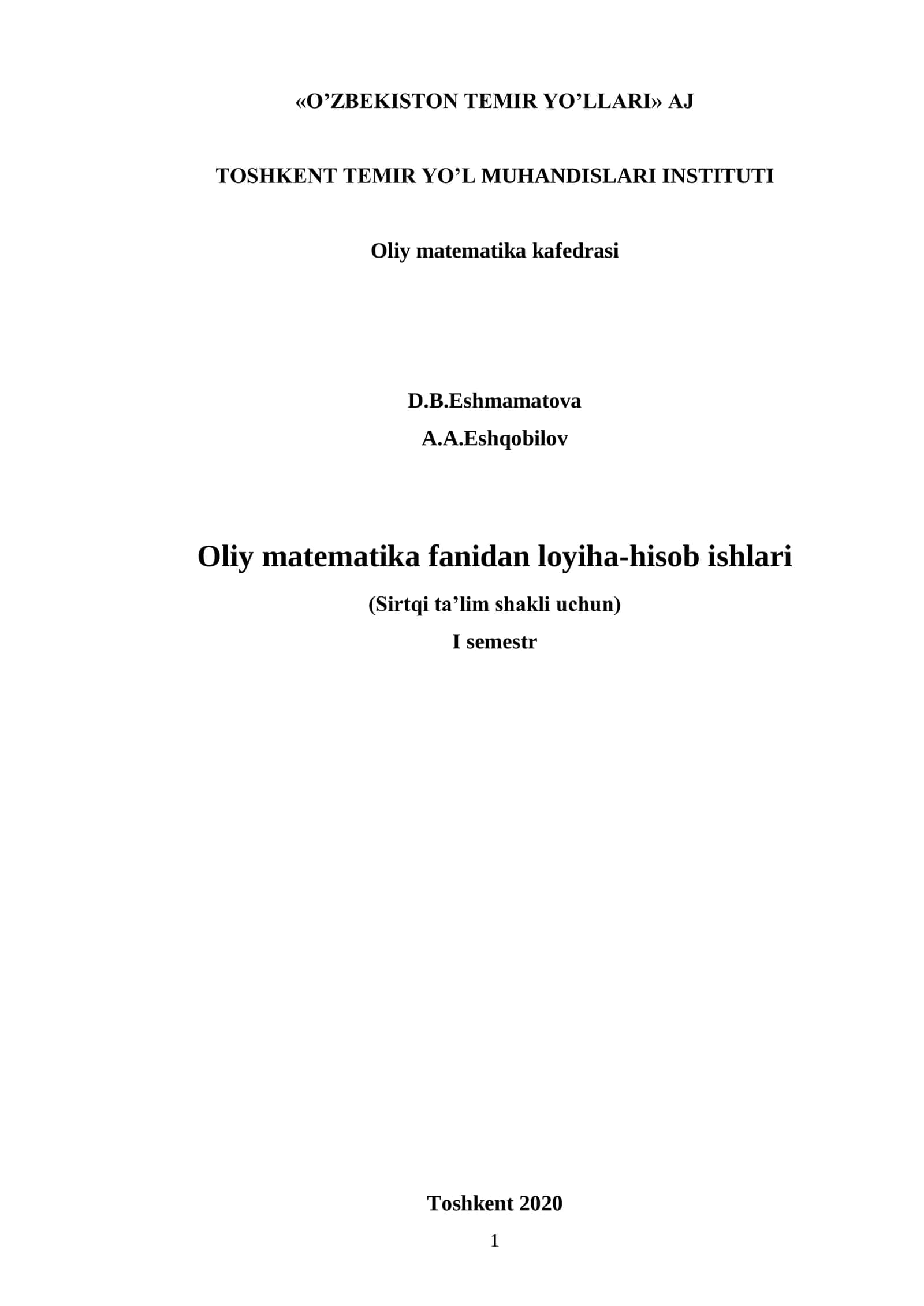 Oliy matematika fanidan loyiha-hisob ishlari 1