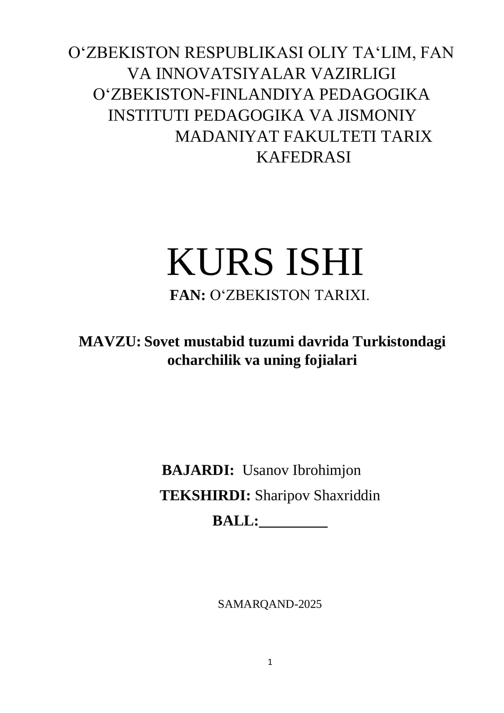 Sovet mustabid tuzumi davrida Turkistondagi ocharchilik va uning fojialari 1