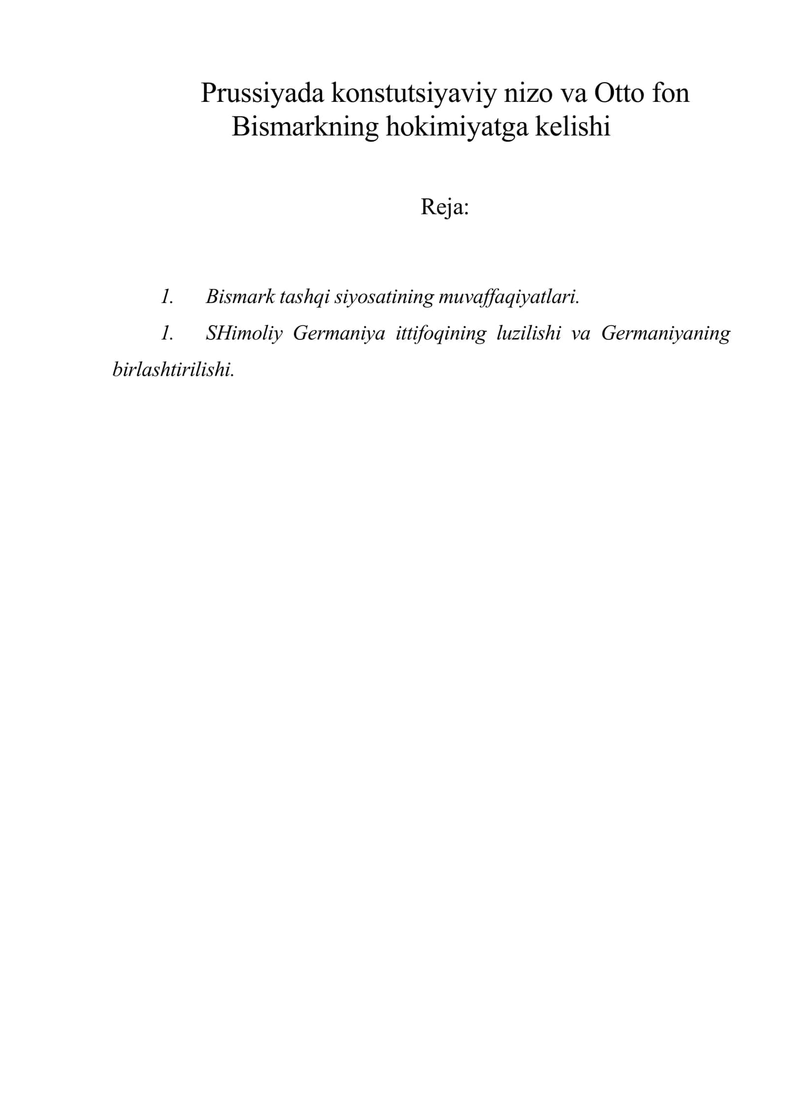Prussiyada konstutsiyaviy nizo va Otto fon Bismarkning hokimiyatga kelishi 1