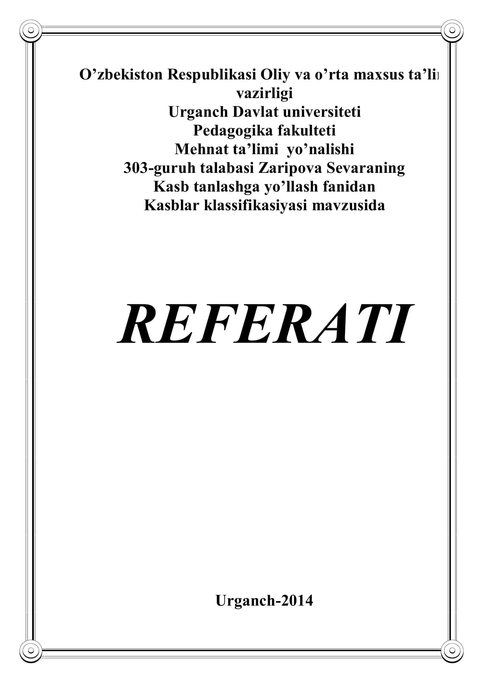 Kasblar klassifikatsiyasi REFERATI 1