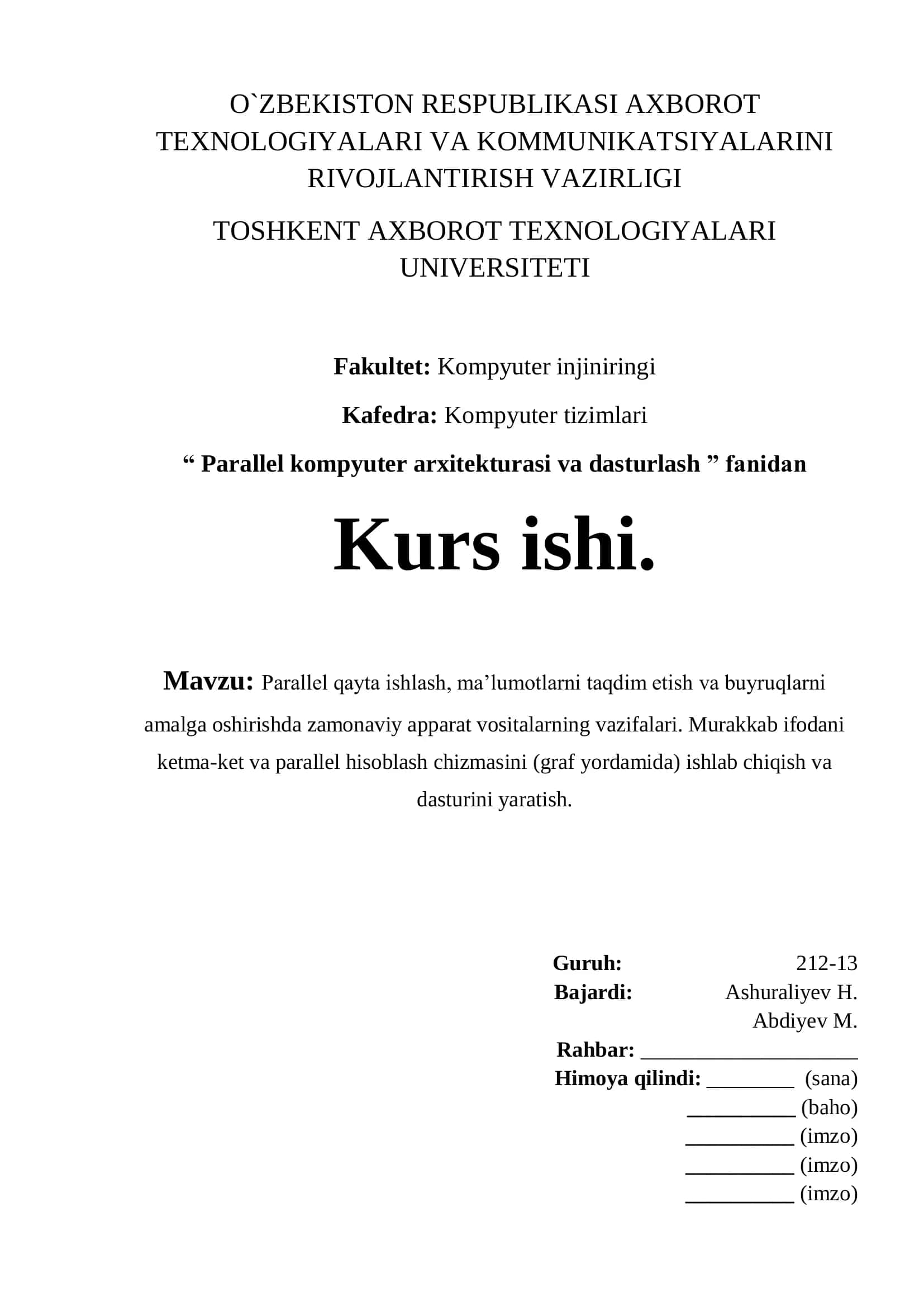 Parallel kompyuter arxitekturasi va dasturlash fanidan Kurs ishi 1