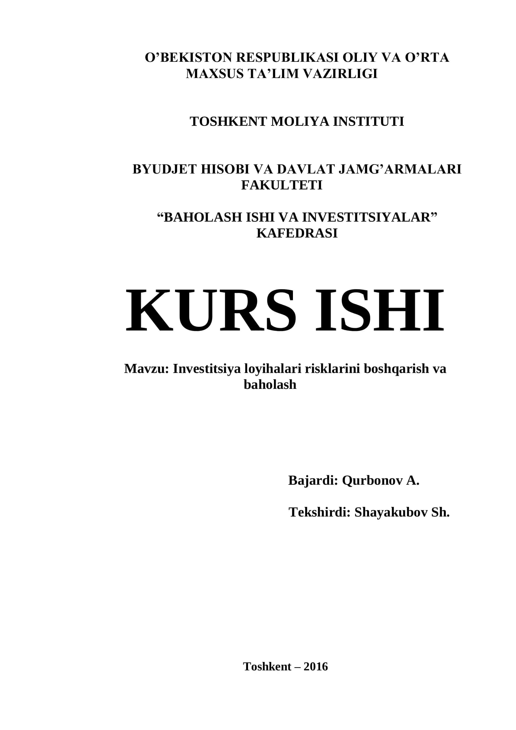 Investitsiya loyihalari risklarini boshqarish va baholash 1