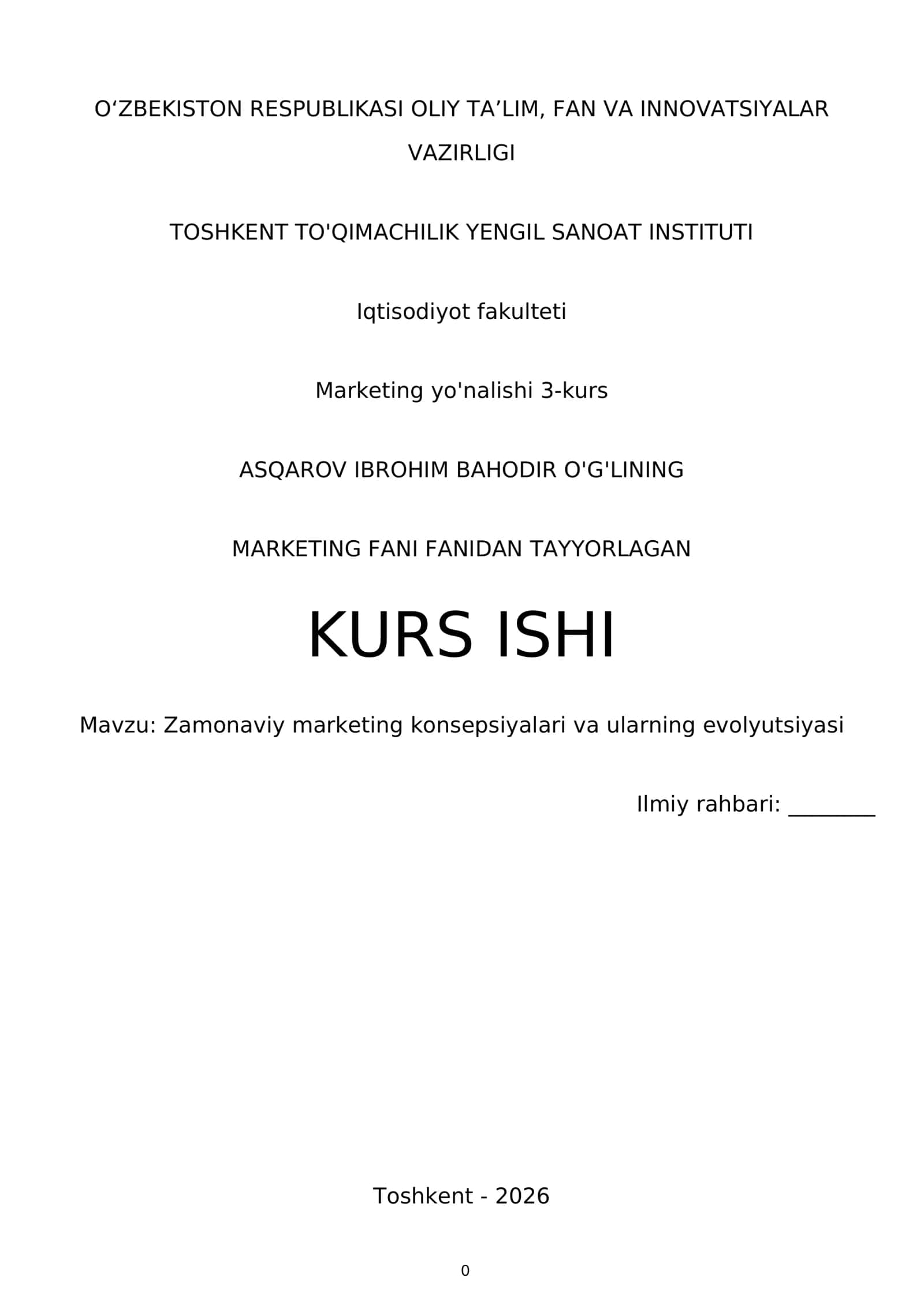 MARKETING FANI FANIDAN TAYYORLAGAN KURS ISHI 1