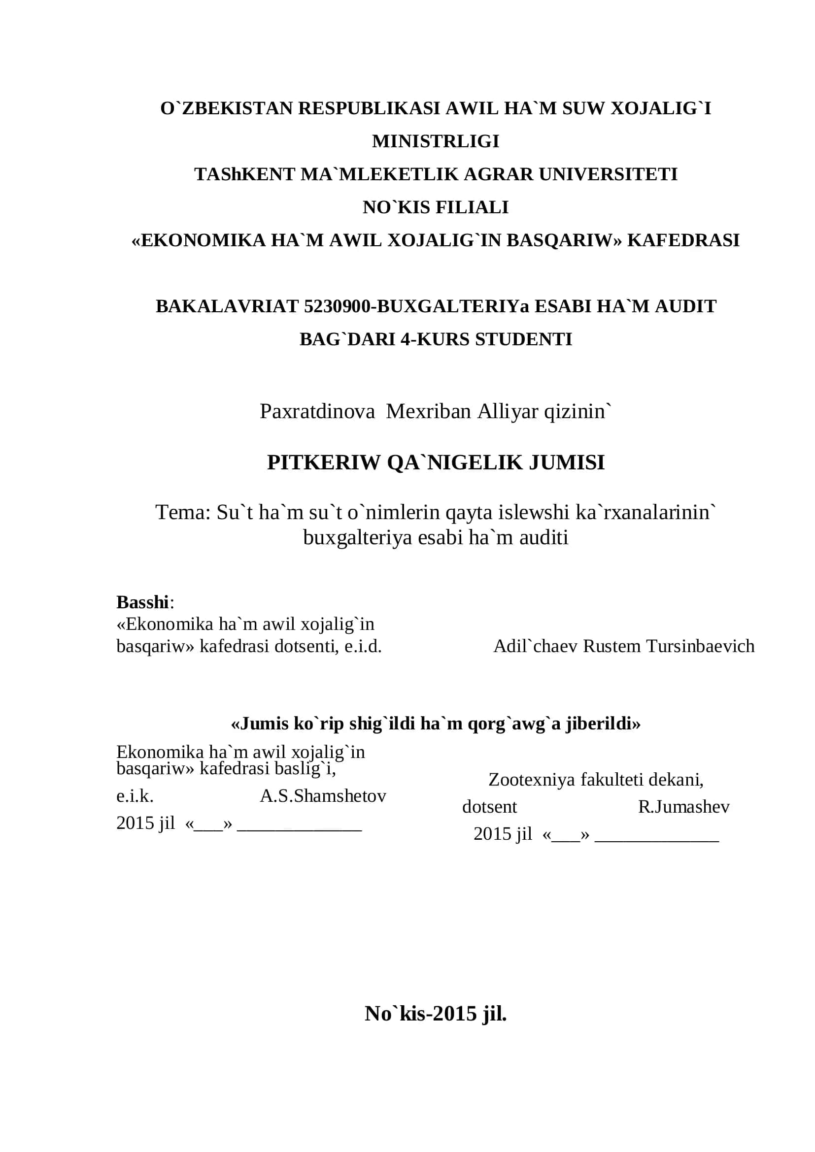 Pitkeriw Qa'nigelik Jumisi 1