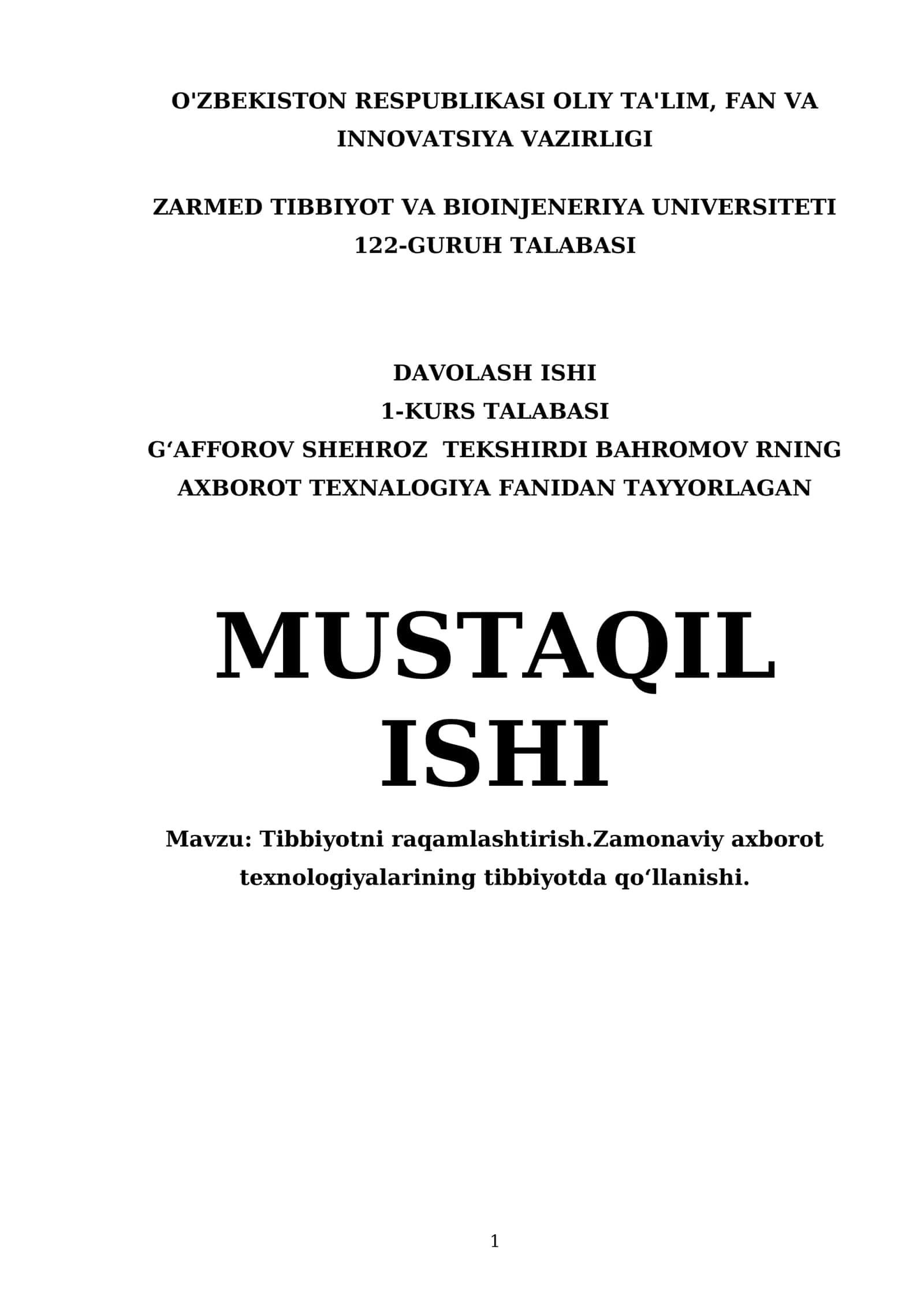 Tibbiyotni raqamlashtirish.Zamonaviy axborot texnologiyalarining tibbiyotda qoʻllanishi 1