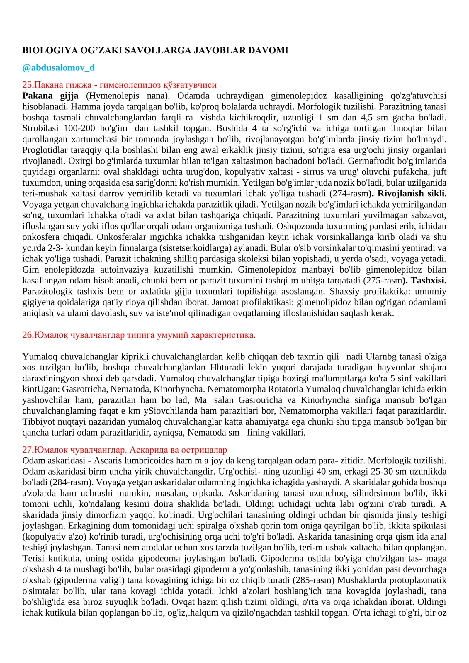 BIOLOGIYA OG’ZAKI SAVOLLARGA JAVOBLAR DAVOMI 1