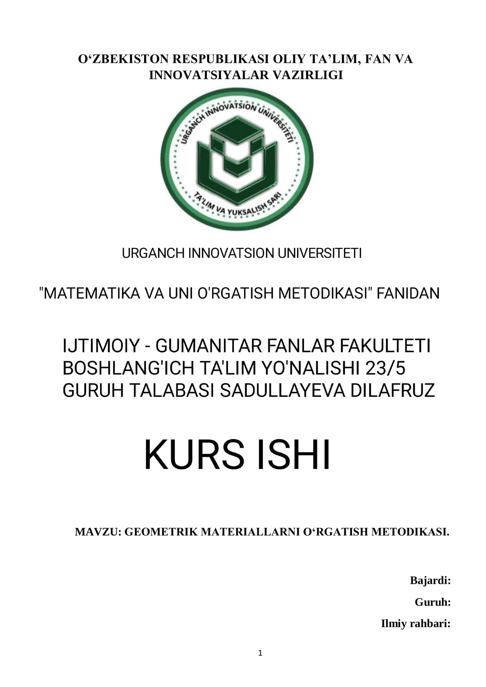 GEOMETRIK MATERIALLARNI OʻRGATISH METODIKASI 1