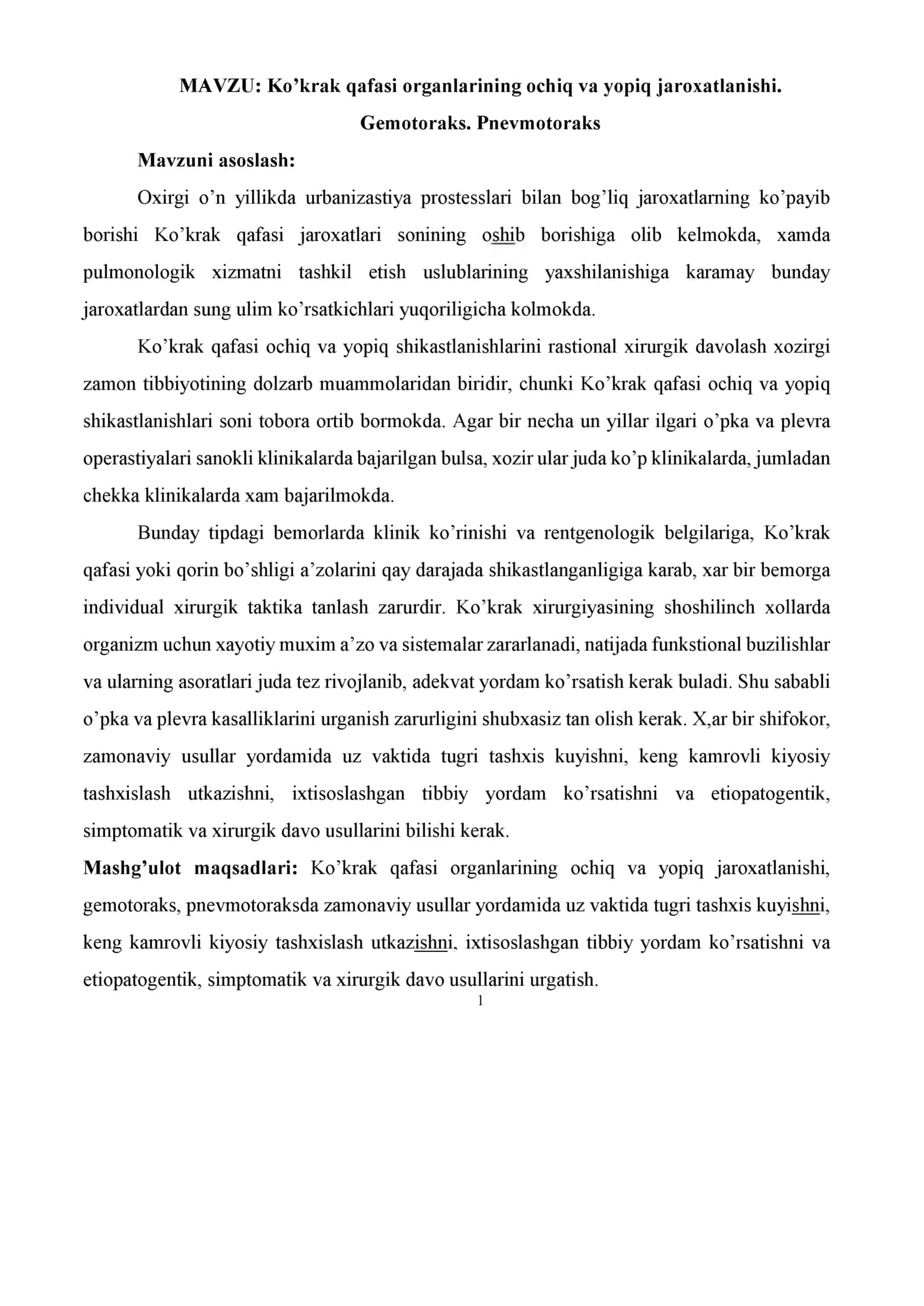 Ko’krak qafasi organlarining ochiq va yopiq jaroxatlanishi. Gemotoraks. Pnevmotoraks 1