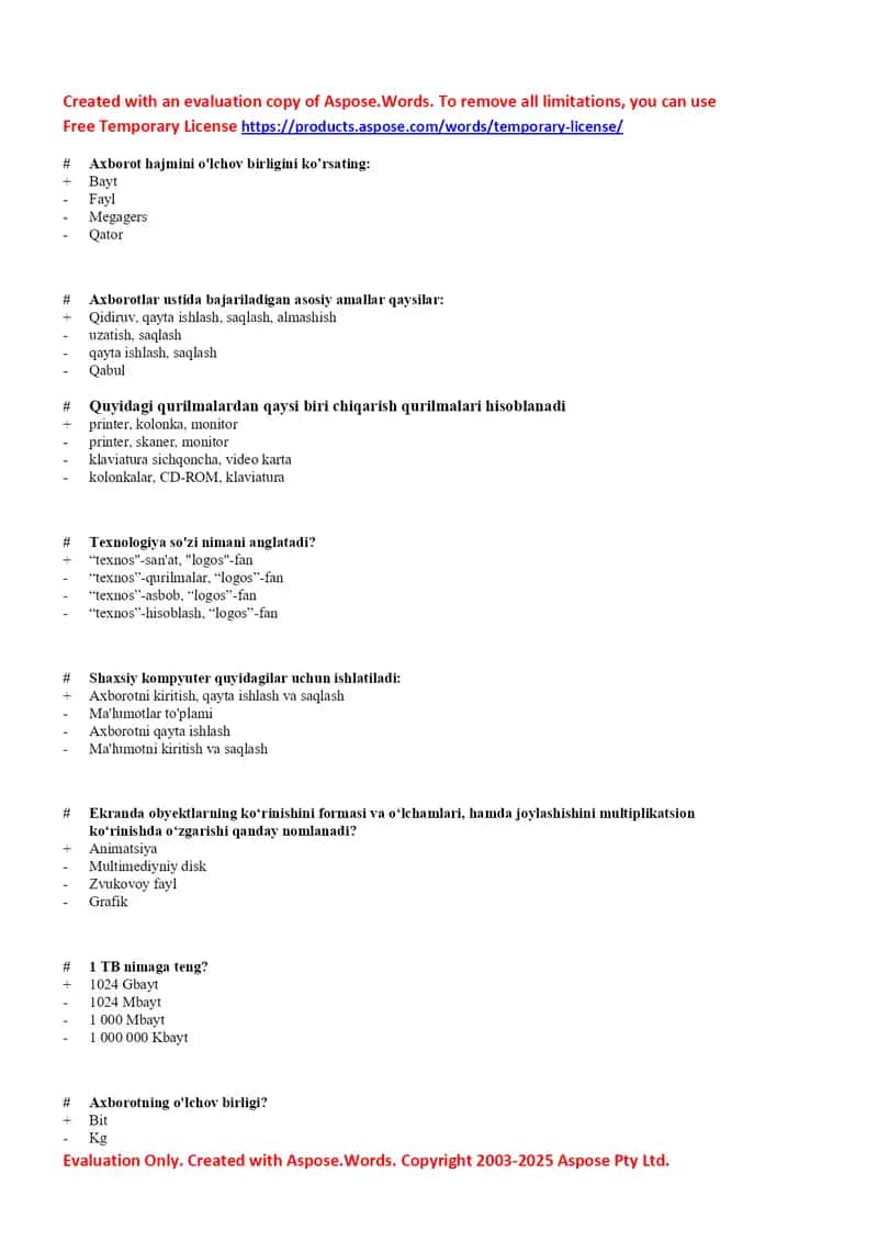 Axborot texnologiyalari bo‘yicha test savollari 1