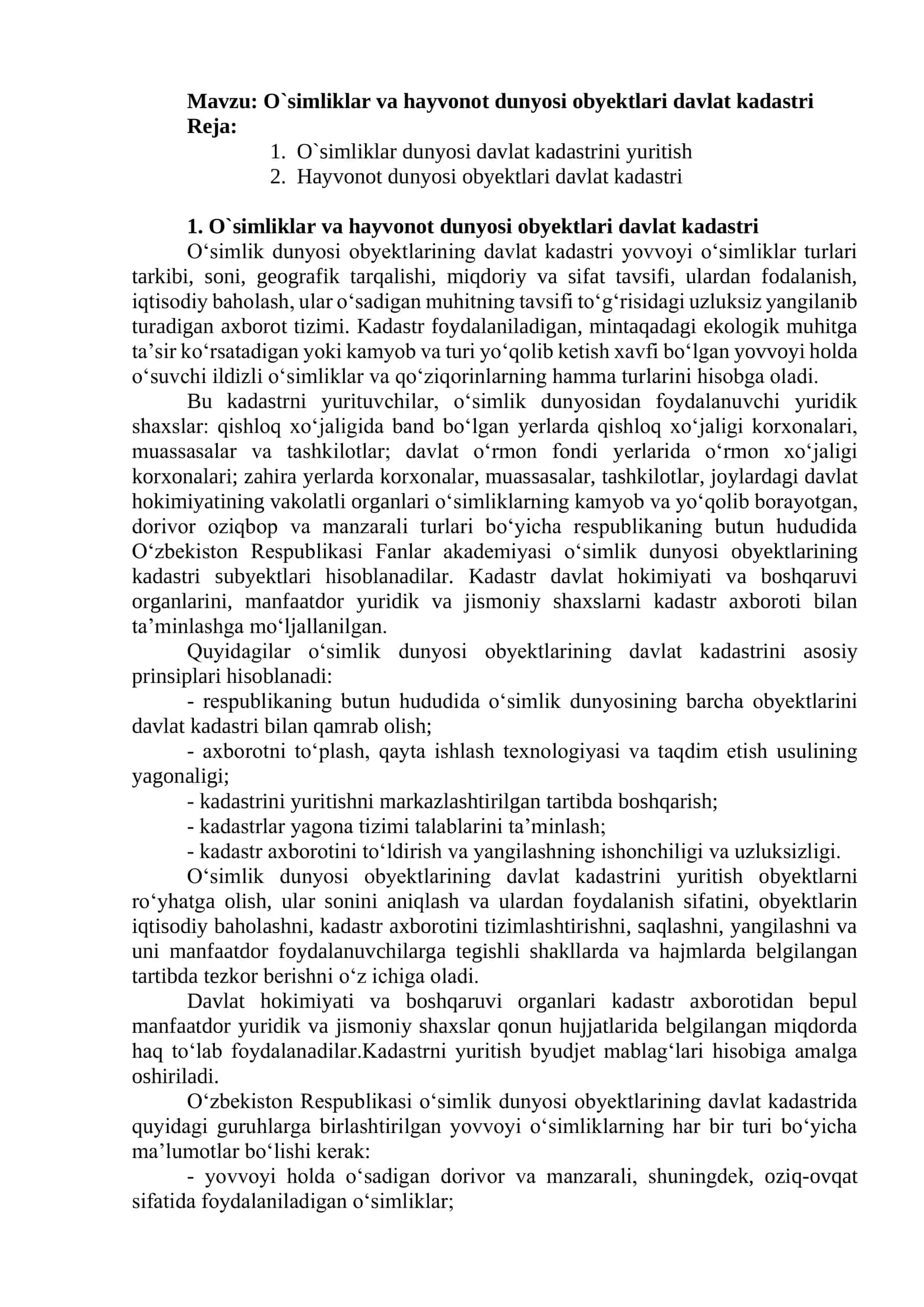 O`simliklar va hayvonot dunyosi obyektlari davlat kadastri 1