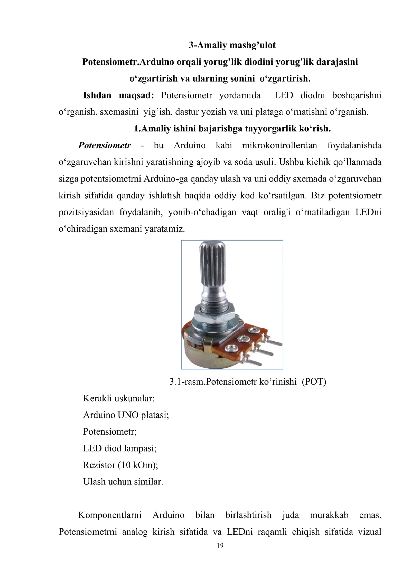 Potensiometr.Arduino orqali yorug’lik diodini boshqarish 1