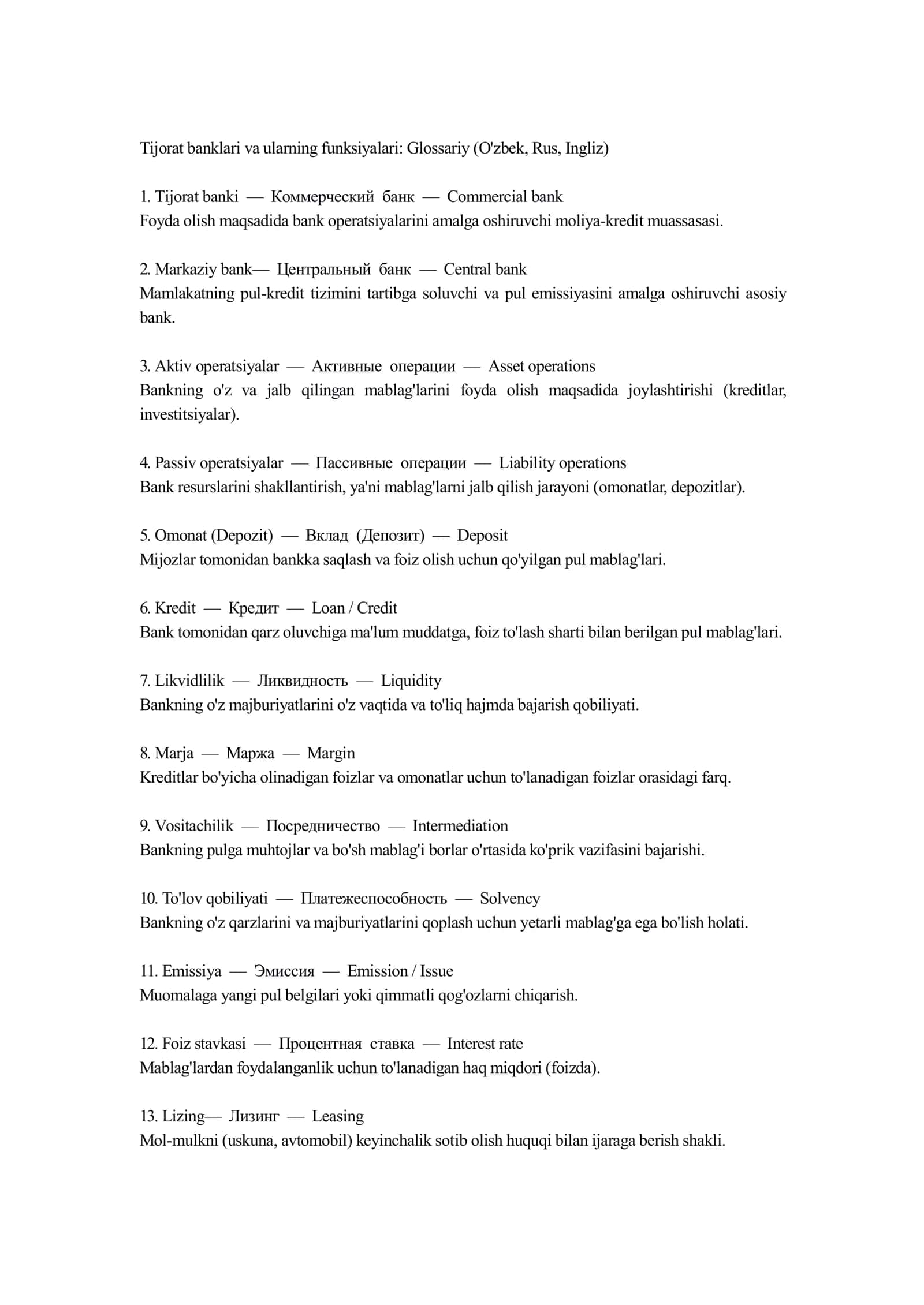 Tijorat banklari va ularning funksiyalari: Glossariy (O'zbek, Rus, Ingliz) 1