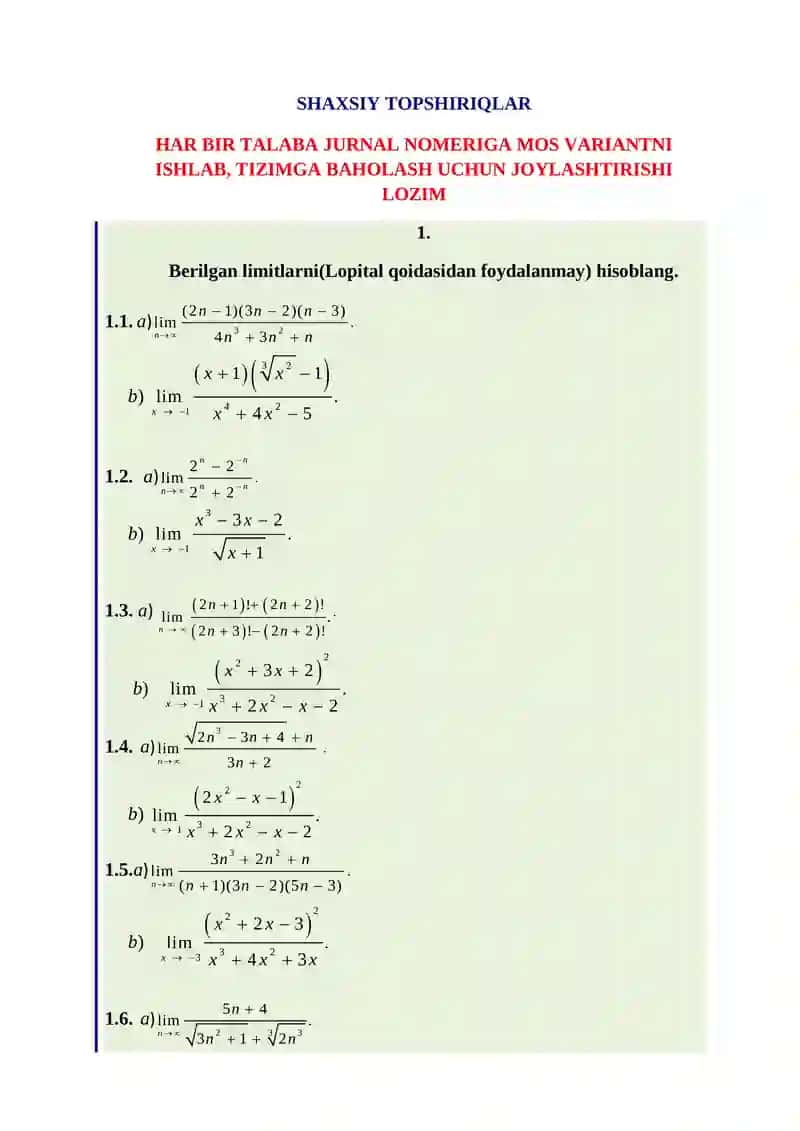 Hisob (Calculus) fanidan Mustaqil ish (Shaxsiy topshiriqlar) savollari