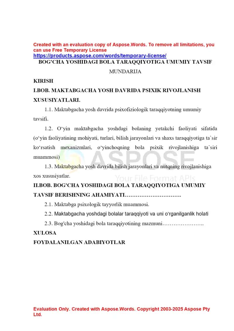 Kurs ish: Maktabgacha yoshdagi bola taraqqiyotini umumiy tavsif 1