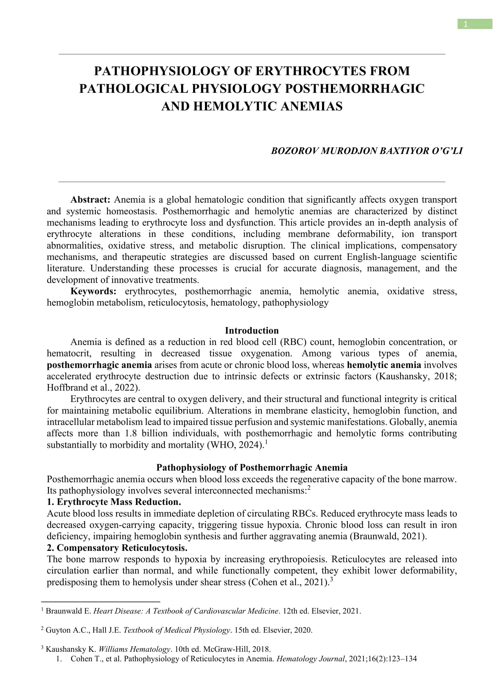 PATHOPHYSIOLOGY OF ERYTHROCYTES FROM PATHOLOGICAL PHYSIOLOGY POSTHEMORRHAGIC AND HEMOLYTIC ANEMIAS 1