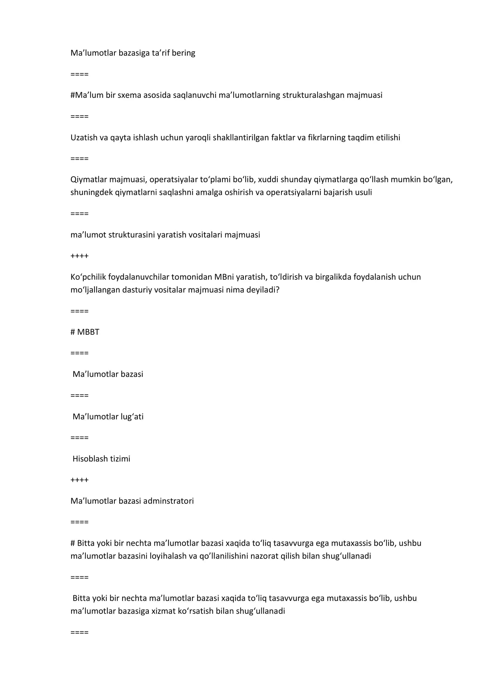 Ma'lumotlar bazasi test savollari javoblari 1