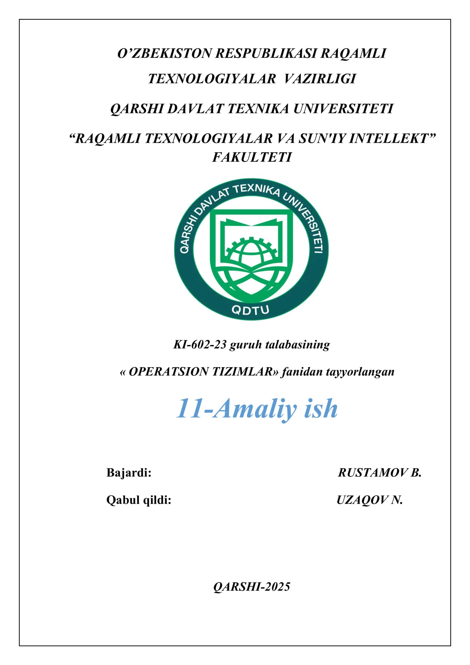 11-Amaliy ish "Operatsion tizimlar xavfsizlik komponentalari" 1