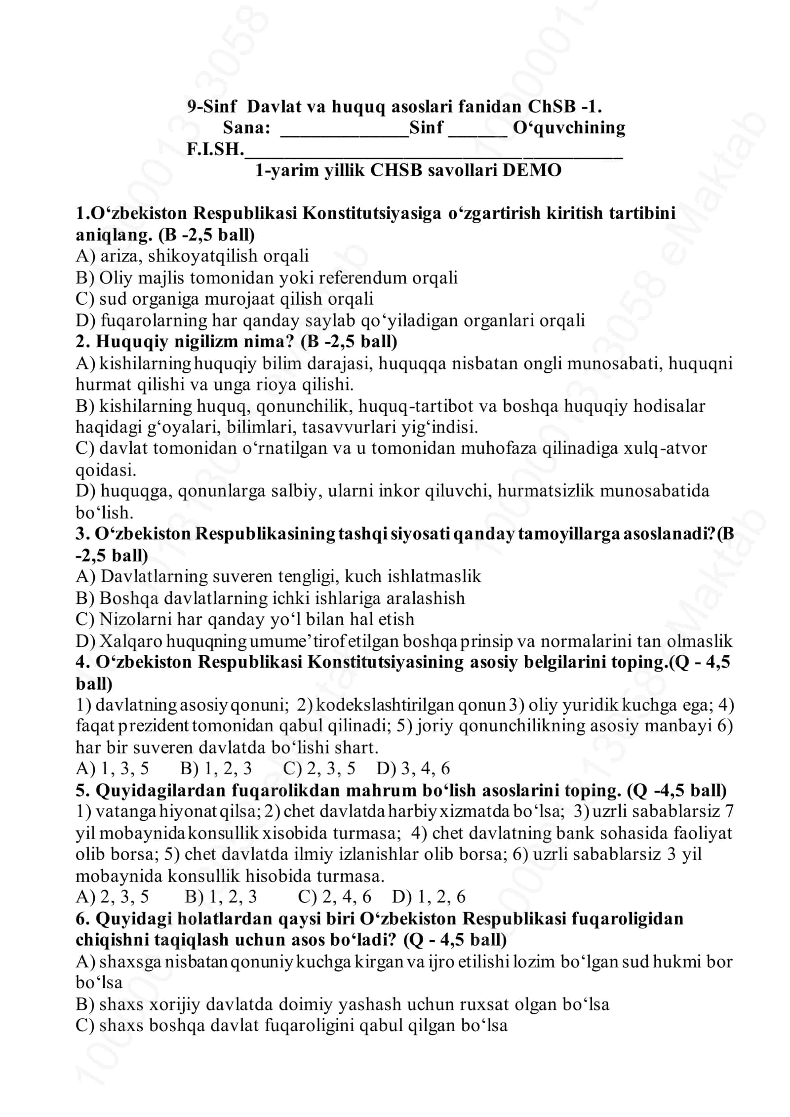 9-Sinf Davlat va huquq asoslari fanidan ChSB -1 1