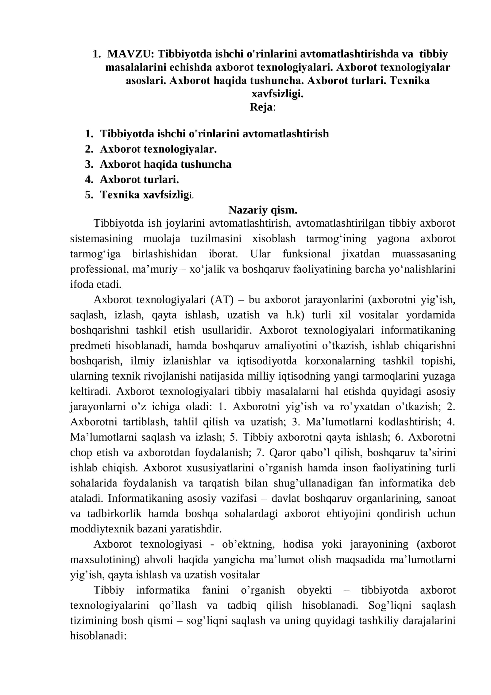 Tibbiyotda ishchi o'rinlarini avtomatlashtirishda va tibbiy masalalarini еchishda axborot tеxnologiyalari 1