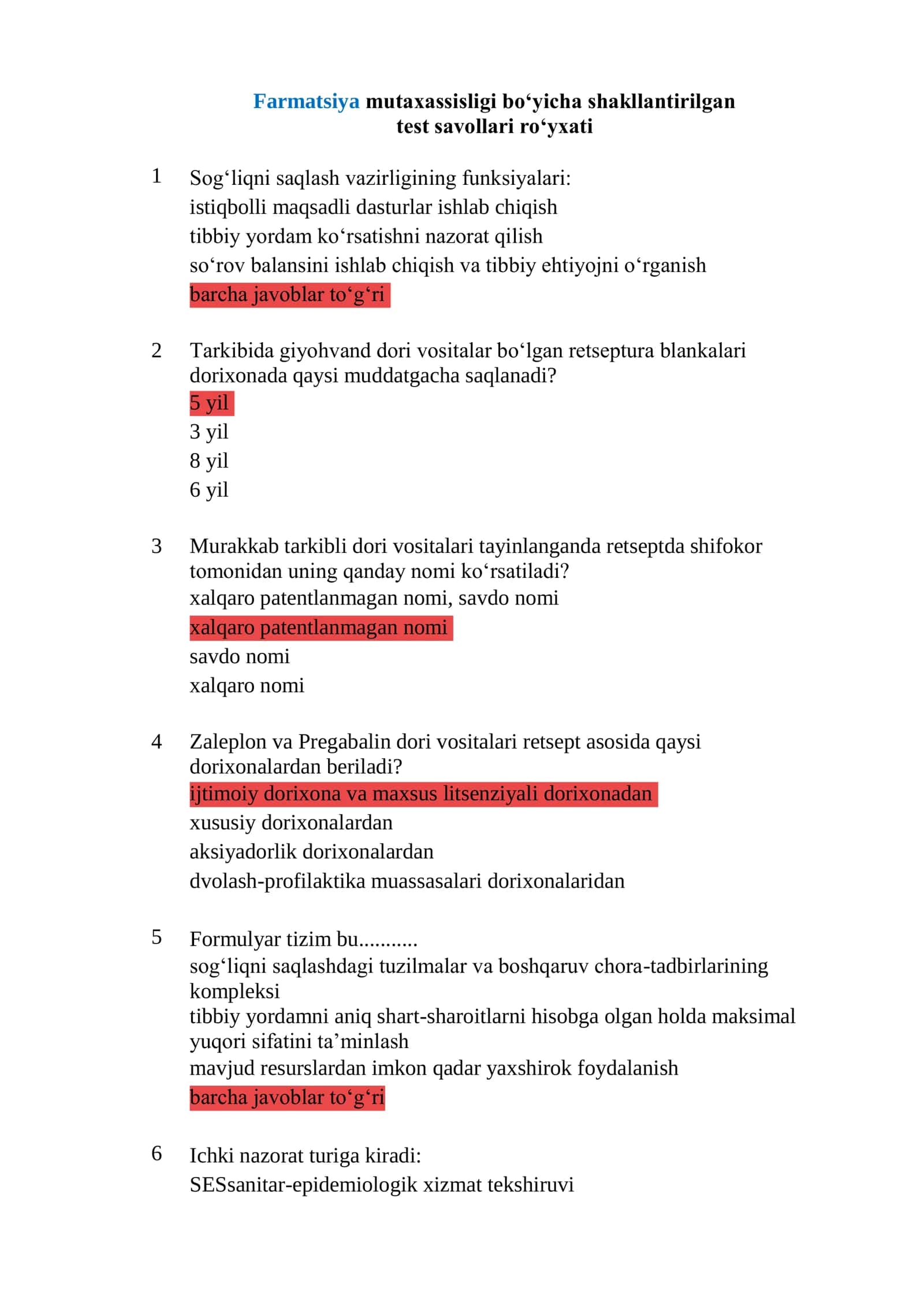 Farmatsiya mutaxassisligi boʻyicha shakllantirilgan test savollari roʻyxati javoblari bilan 1