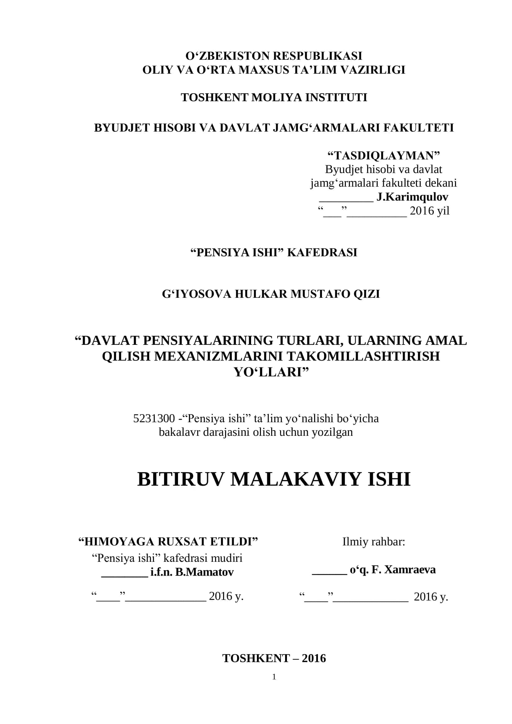 Davlat pensiyalarining turar va ularning amal qilish mexanizmlarini takomillashtirish yo'llari 1