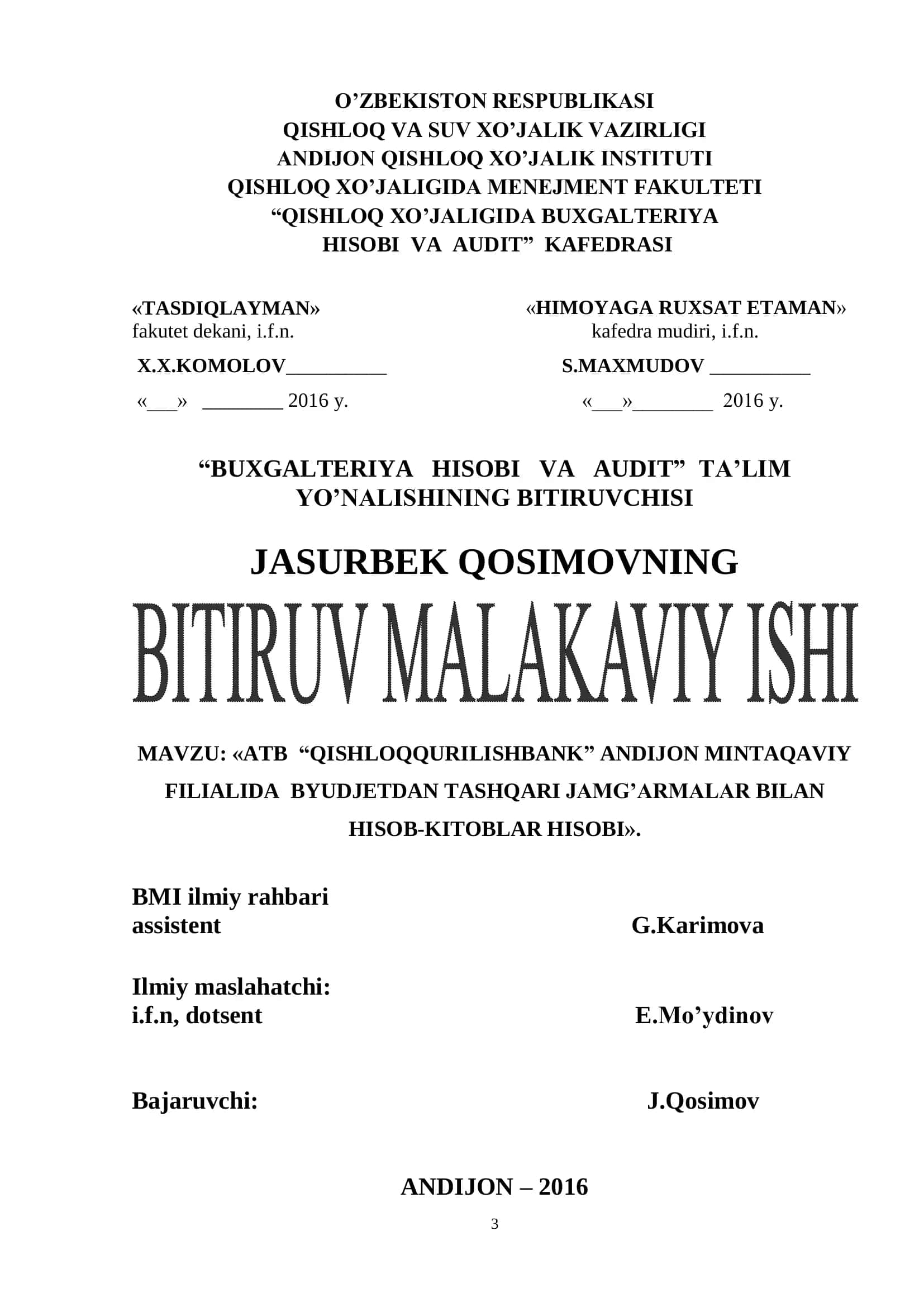 ATB “QISHLOQQURILISHBANK” ANDIJON MINTAQAVIY FILIALIDA BYUDJETDAN TASHQARI JAMG’ARMALAR BILAN HISOB-KITOBLAR HISOBI 1