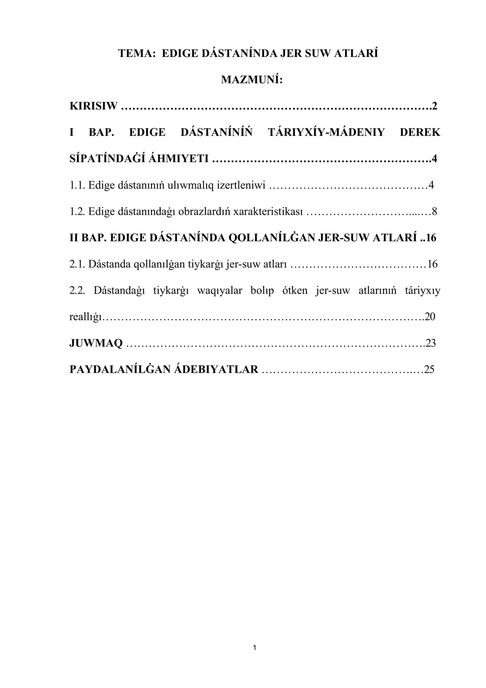 EDIGE dástanındaǵı jer-suw atları kurs jumısı 1