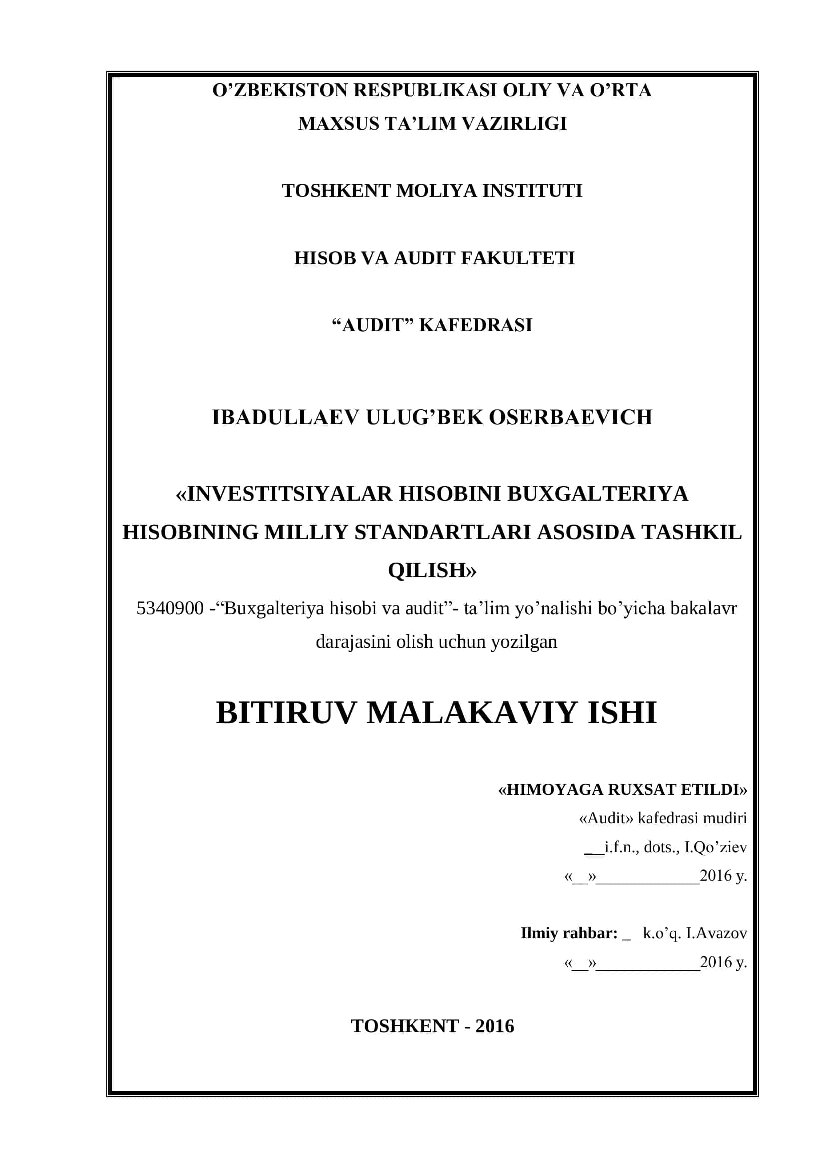 “INVESTITSIYALAR HISOBINI BUXGALTERIYA HISOBINING MILLIY STANDARTLARI ASOSIDA TASHKIL QILISH” 1