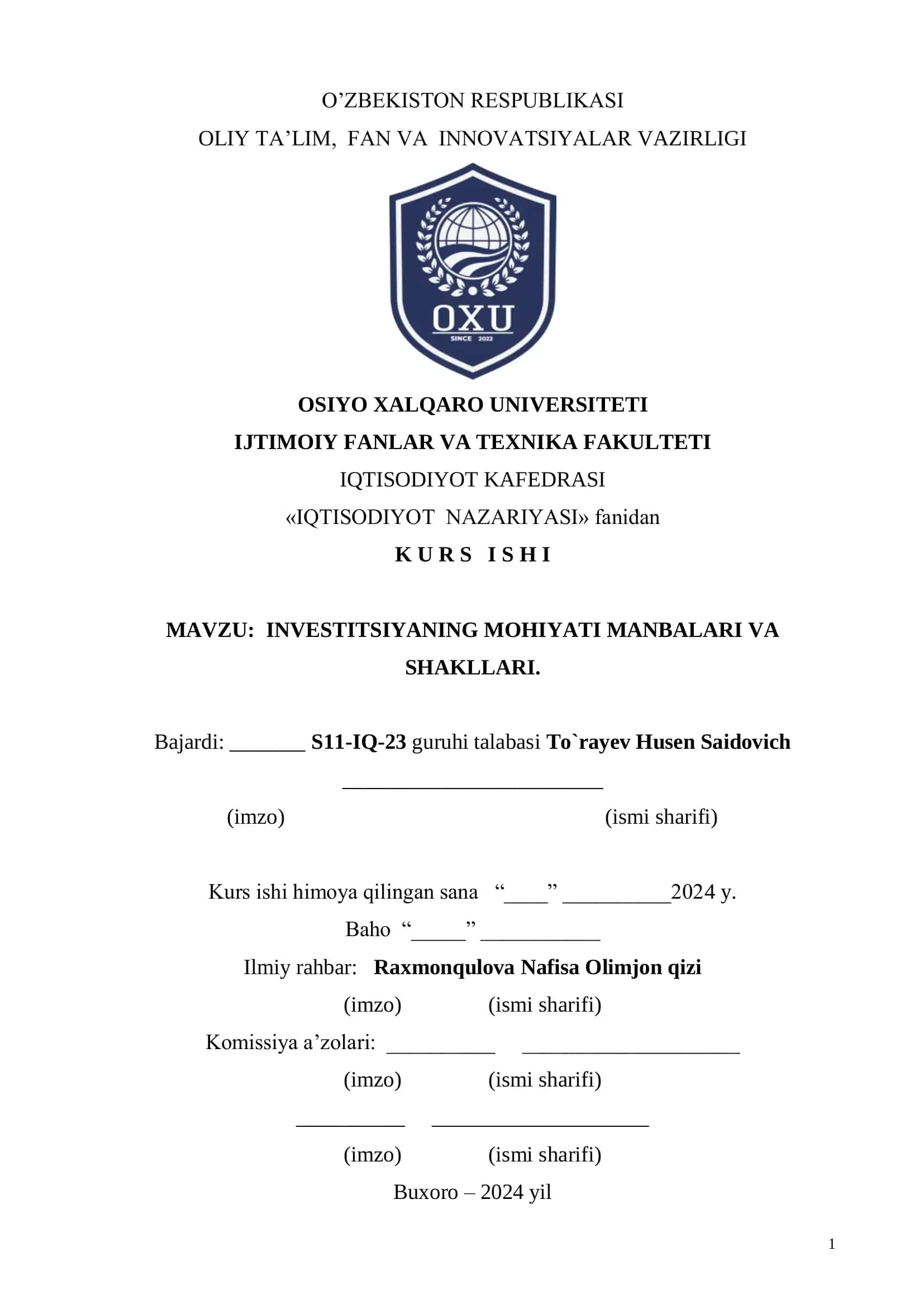 INVESTITSIYANING MOHIYATI MANBALARI VA SHAKLLARI 1